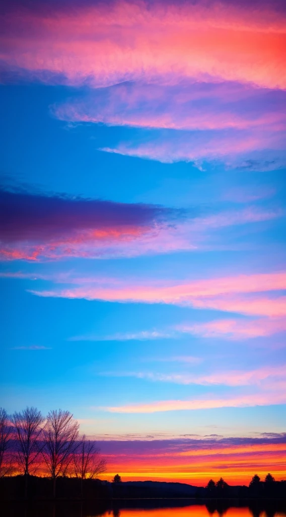 there is a beautiful sunset with a lake and trees in the background, colorful skies, surreal colors, colorful sunset, colorful sky, marvellous reflection of the sky, stunning sky, dream like atmosphere 8k, colorful clouds, colors reflecting on lake, surreal sky, red and blue reflections, fire reflection, beautiful sky, beautiful and spectacular dusk, beautiful dreamy landscape, amazing sky