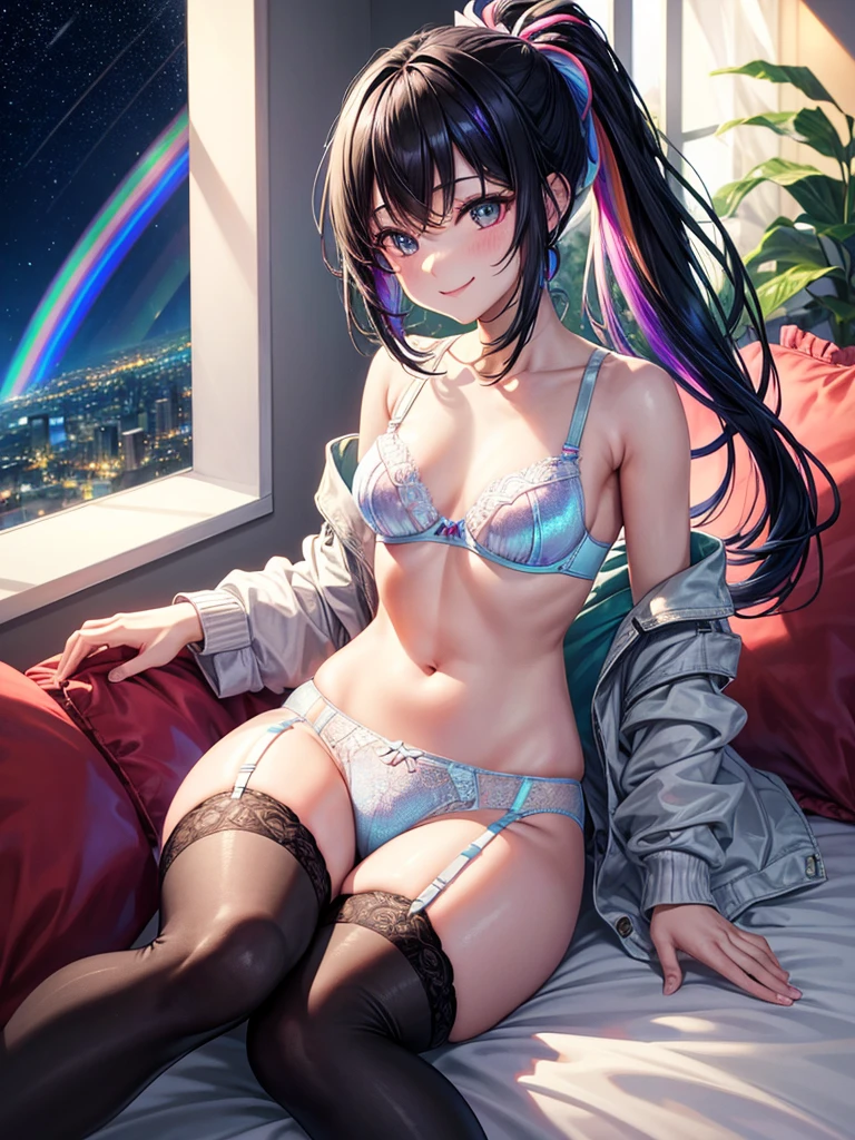 Highest quality,Highest Resolution,４K quality,Underwear looking at city night view outside large window in modern bedroom((Rainbow Gradient色))のsmileの女性の横顔,((Black hair ponytail)),Dark room,Rainbow Gradientセクシーランジェリー,Many water drops on the window,garter belt,High leg,((Iridescent underwear)),Knee-high stockings,smile,Landscape,Colorful eyeballs,Small bra{((Underwear color))Rainbow Gradient,