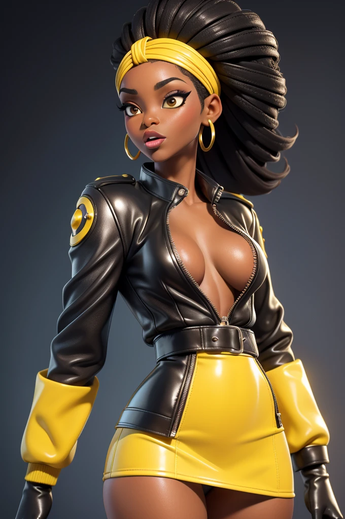 obra prima, melhor qualidade, ((only one woman,)) ((black african queen, shiny nigerian black skin, hair pulled back with headbands and decorated with circlets and ornaments,)) head back, ((sexy sultry wicked look, shiny wet black lips, open mouth, pucker mouth,)) thick smoky black eye shadow, long fake eyelashes, ((wearing yellow leather biker blazer over blouse,)) ((jacket is unzipped and wide open, small breasts, nip slip,)) jacket has padded puff shoulders, shiny leather gloves, ((yellow micro mini leather skirt,)) body is skinny, shiny tight buttocks, sexy glamour pose, arched back, (camera view of whole body,) looking up at me, shallow depth of field, highres, HD, 8k, anatomically correct