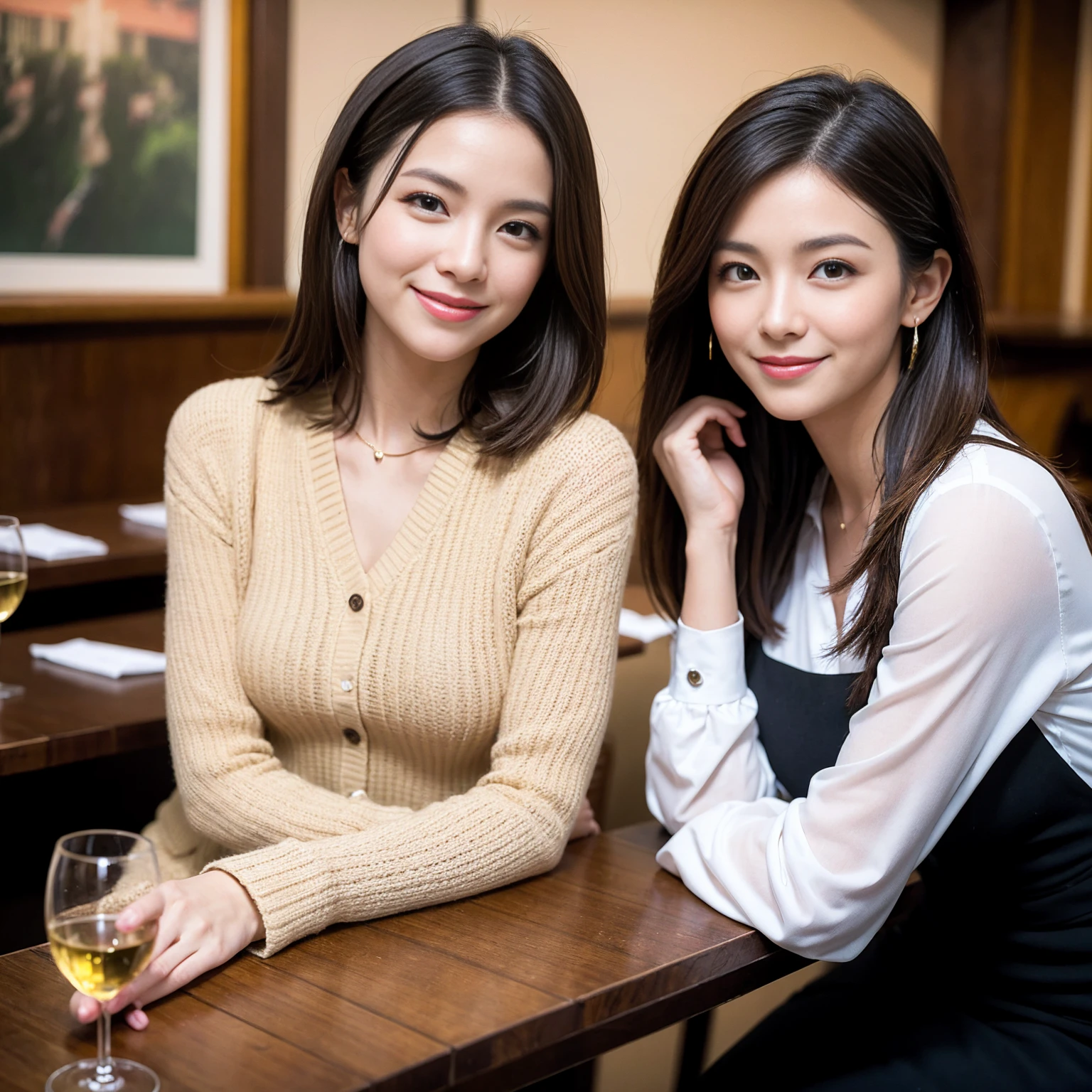 ((Highest quality、8K、masterpiece:1.3))、1 male、1 female、slimなCouple、lover、Couple、The body is slim、((Bob Hale、Straight hair:1.2)), (Realistic, Intricate details:1.2), フルコースディナーテーブルの上のwine glass、Put the light on your face、 Amazing view of the sunset sky and clouds、A bright smile、The wonderfulness of smile、Bright image、The beauty of wine, Beautiful Face, blue eyes, The light shines on your face, Blushing, short hair,Bright Face、 (Age 37), 39 years old, red wine 、Appetizers、Italian food、Wine bottle、Champagne、sparkling wine、Two beauties、Brown Hair、Shortcuts、Long sleeve shirt、dress、Beautiful woman 1, (slimな顔), (The body is slim), (Brown Hair), (Shortcuts), cheeks turn a little red,Attractive beauty、restaurant, In a prominent place (From the waist up) Nova Frog Style, actress, model, Upper Body, White wine, slim, wine glass, 中央に置かれたwine glass, smile, (smile: 1.15), Beautiful fine grain, Depth f/2,saturation, High Contrast, Strong light and shadow,Moist Body:1.5、3D texture、Delicate eyes、Brown Hair、The hair is very shiny、pink