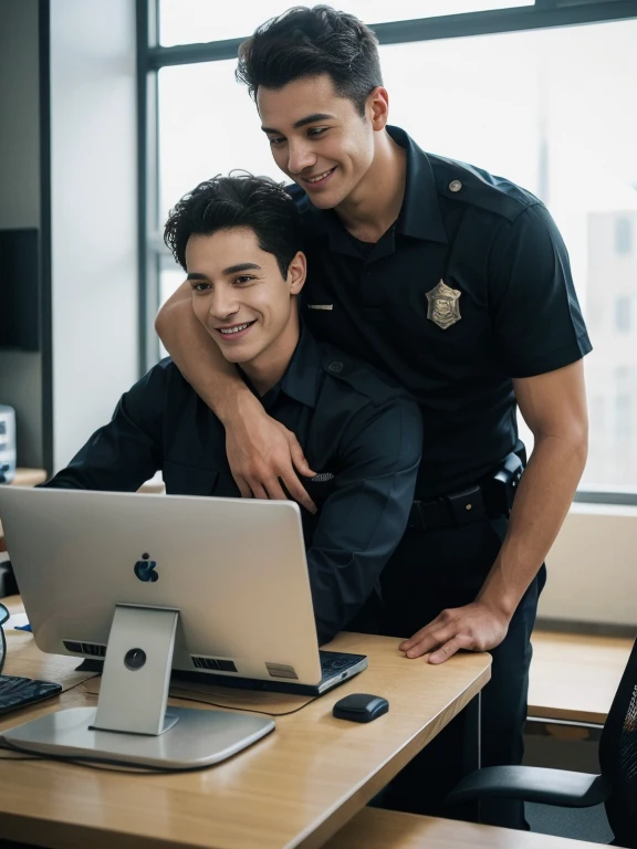 inside a police office with computer, two male smiling and holding each other shoulder standing,  on the table.