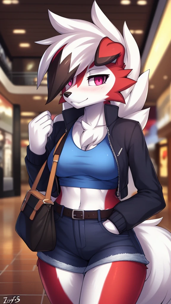 By zinfyu,by twistedscarlet60, uploaded on pixiv, by fluff-kevlar, (masterpiece), (best quality), (solo female:1.2), (extremely detailed:1.3),(detailed eye,black circle on eye,pink eye), lycanroc midnight, view on viewer, close view, shy face, half body on potrait, only body and head, close view, closeup photo of lycanroc, wearing a shirt for women crop v neck top white t-shirt korean fashion women t with a tight open gray color jacket, wearing jeans, at mall, Carrying expensive bag