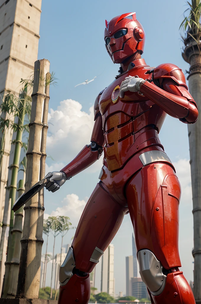 robot man. The bird's face is red. red robot hand. white robot body. red legs. (holding sharpened bamboo.) at Monas Jakarta.