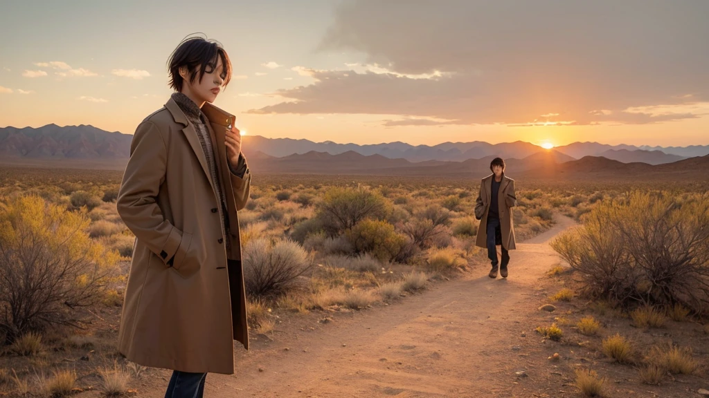wilderness, desert, Wear a long coat, hard boiled, Sunset, Japanese sword, While walking, Playing the harmonica, Close your eyes, Good looking, Highest quality, from the front, short hair, One person, 