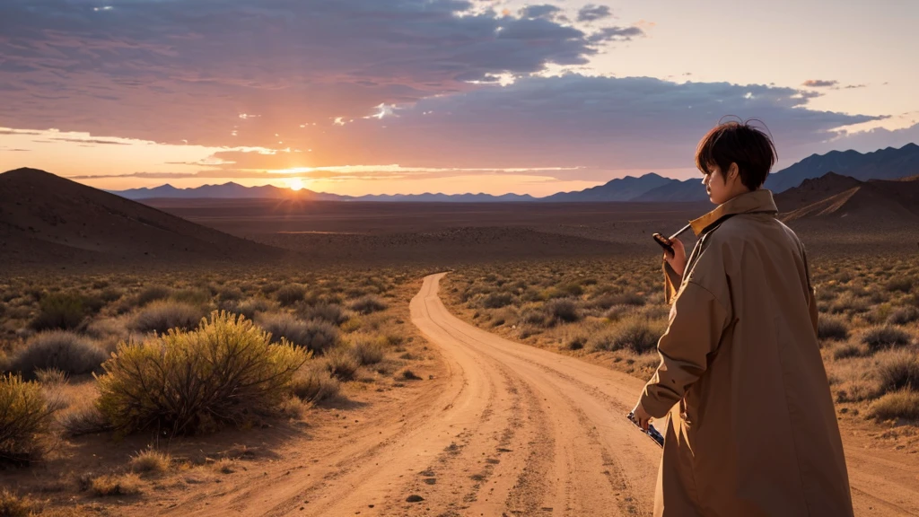 wilderness, desert, Wear a long coat, hard boiled, Sunset, Japanese sword, While walking, Playing the harmonica, Close your eyes, Good looking, Highest quality, from the front, short hair, One person,
