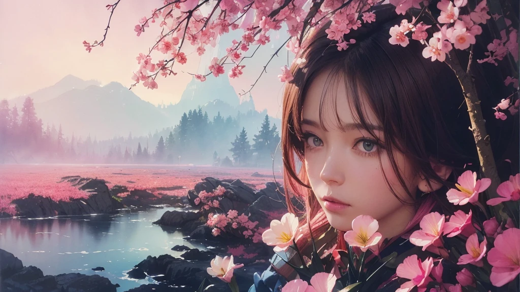 32k, Masterpiece, Highest quality, One girl, Brown Hair, Detailed eyes, flower,Freesia, Pink and navy style,A dreamy, romantic piece,Pale yellow, Mysterious Leaves,A playful arrangement,Fantasy,High Contrast,Ink strokes,explosion,Exposure, Impression of pink and navy tones,Abstract,((Watercolours by John Berkey and Jeremy Mann )) Brush strokes,Negative Space, Tyndall effect,