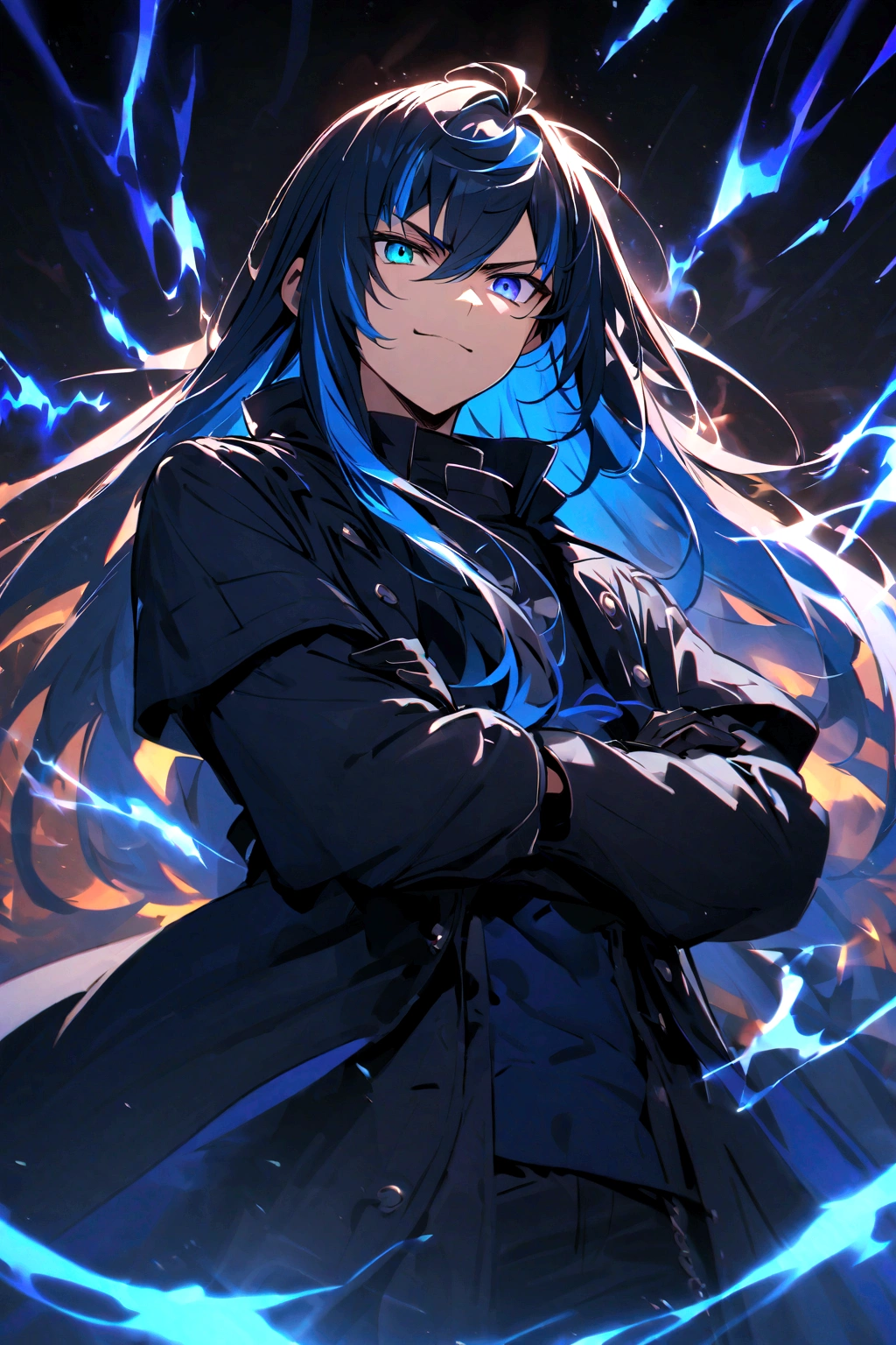 Teenage boy, spiky hair, long hair, multicolored black and blue hair, black and blue eyes heterochromia, serious face, Simple smile, dark blue shirt, baggy black short-sleeved overcoat, medium length black gloves, crossed arms, electric aura 