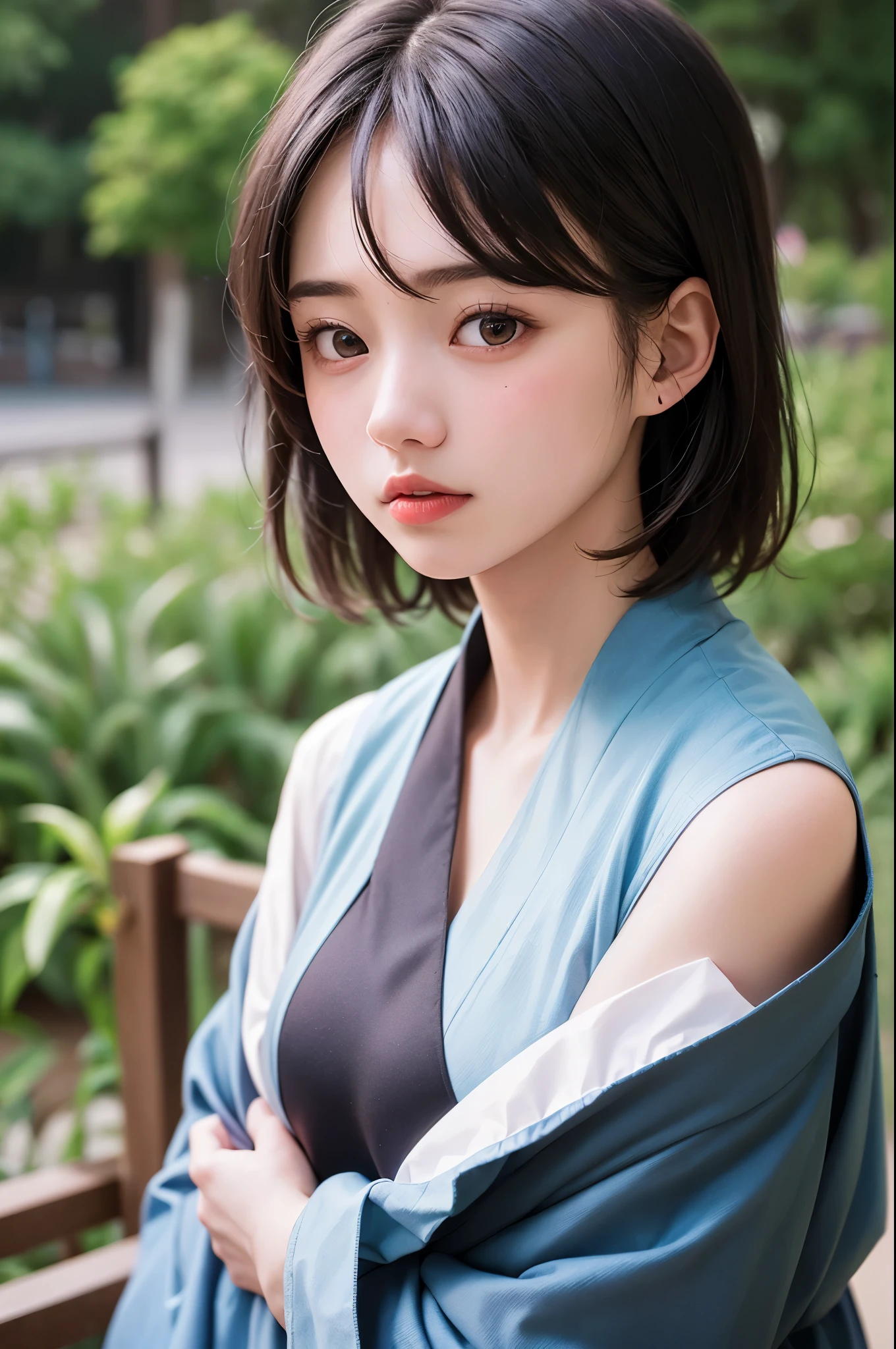 (1 nogizaka girl,15years old face,raw photo,photo realistic:1.5),(best quality, high quality,HDR, highest quality,ultra high resolution,high resolution,high res,ultra high difinition,huge file size,8K,2K wallpaper,8K wallpaper,high quality texture,amazing,an extremely delicate:1.4),one girl, Japanese famous idol,cute face,small face,absurd,ridiculous,incredibly ridiculous,blurry background,(hanfu,short hair,cleavage,no makeup:1.2),medium skin,beautiful skin,detailed skin,black hair,silky hair,black eyes,Japanese nose,5-fingers,(Light Particles, Lens Flare, Luminous Particles: 0.7),looking at viewer,bright lighting,professional lighting,girl
