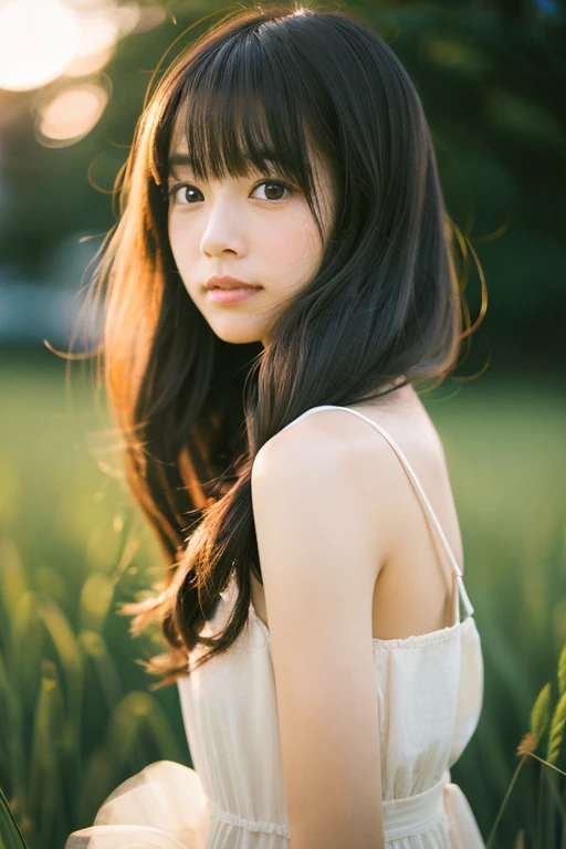  Japanese beautiful girl, Embarrassed look, figure, (Highest quality, Super detailed), front、Gentle lighting, Flowing Hair,one piece、 Delicate features, Dreamy atmosphere、Analog Film Photography、20-year-old、80'、サイバーパンクWindローファイアニメーション、Wind, sunset, Wheat field,