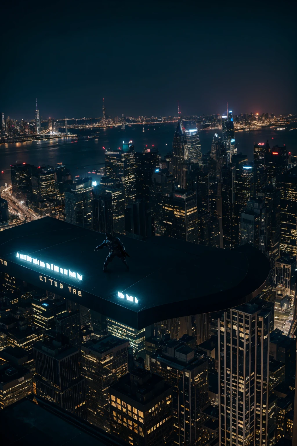 Batman on top of the building in Gotham looking at the city. cinematic, 8K, 