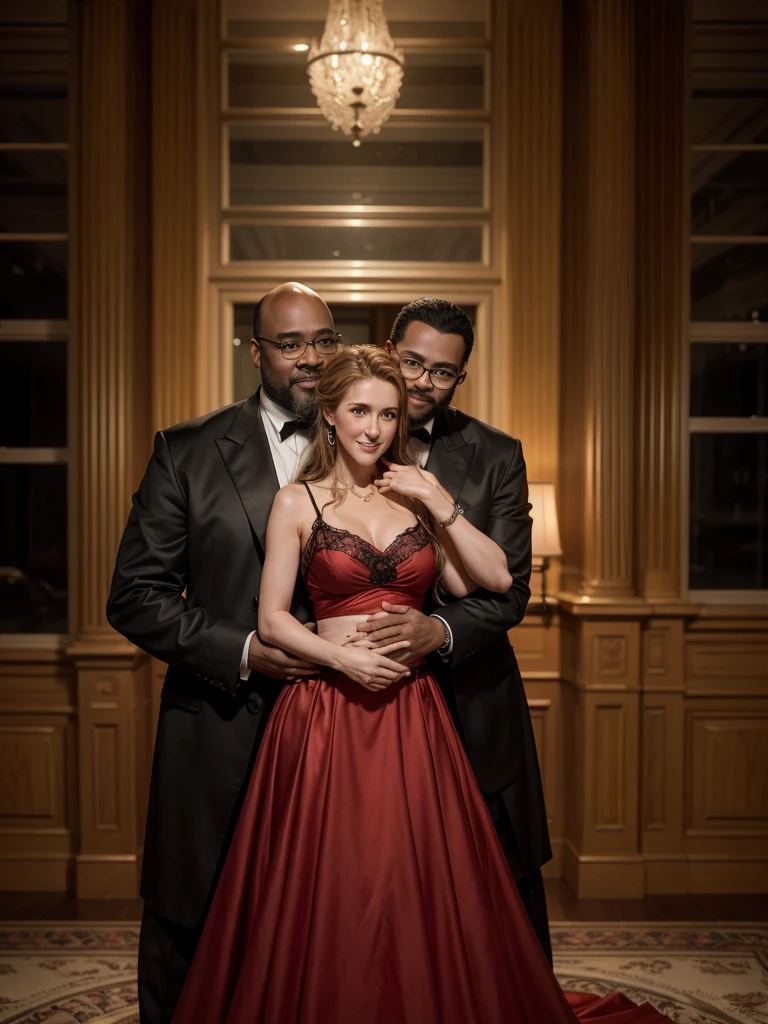 hyper realistic image of Celine Dion(younger in 1997) standing, with the Titanic ship passing behind her, she is posing smiling for the camera, wearing a red dress of the time, she is together with a black man, dark skinned, fat, bald , wears a black beard, big head, wears square prescription glasses that he is hugging her from behind, holding her waist and dressed like Jack, seen from the front, full body, in the year 1912, photograph with an old period look