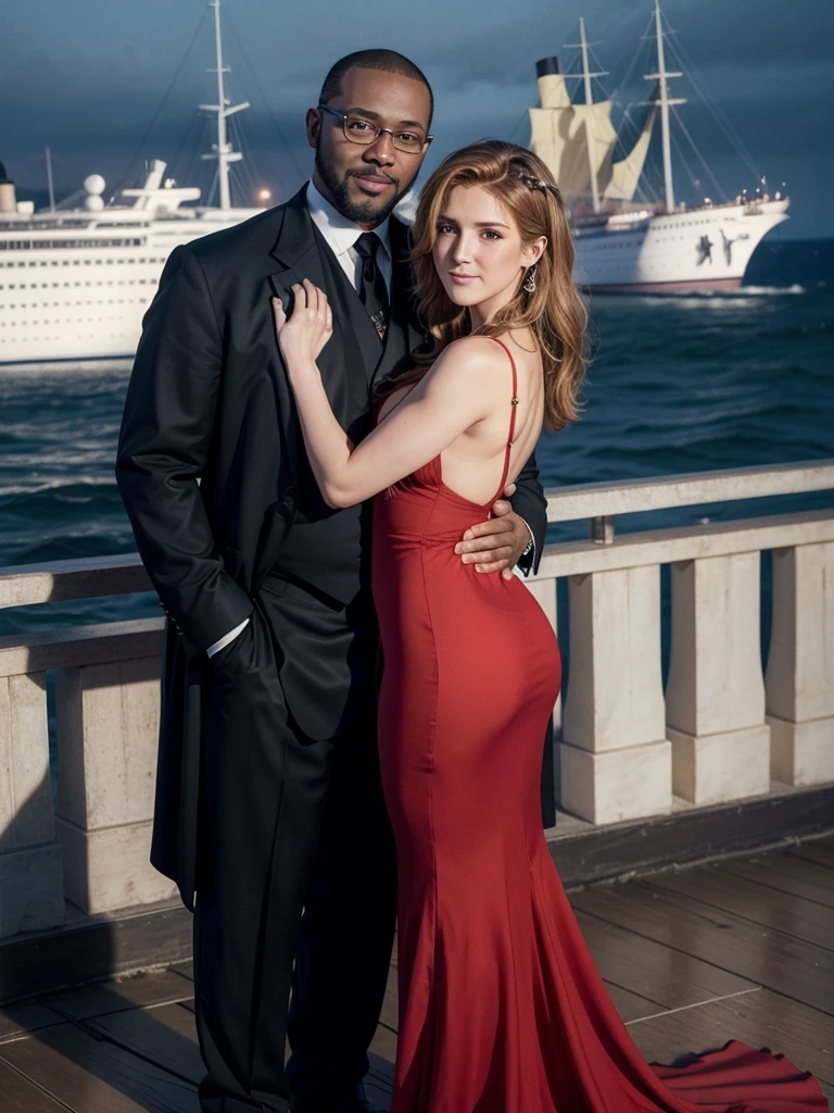 hyper realistic image of Celine Dion(younger in 1997) standing, with the Titanic ship passing behind her, she is posing smiling for the camera, wearing a red dress of the time, she is together with a black man, dark skinned, fat, bald , wears a black beard, big head, wears square prescription glasses that he is hugging her from behind, holding her waist and dressed like Jack, seen from the front, full body, in the year 1912, photograph with an old period look