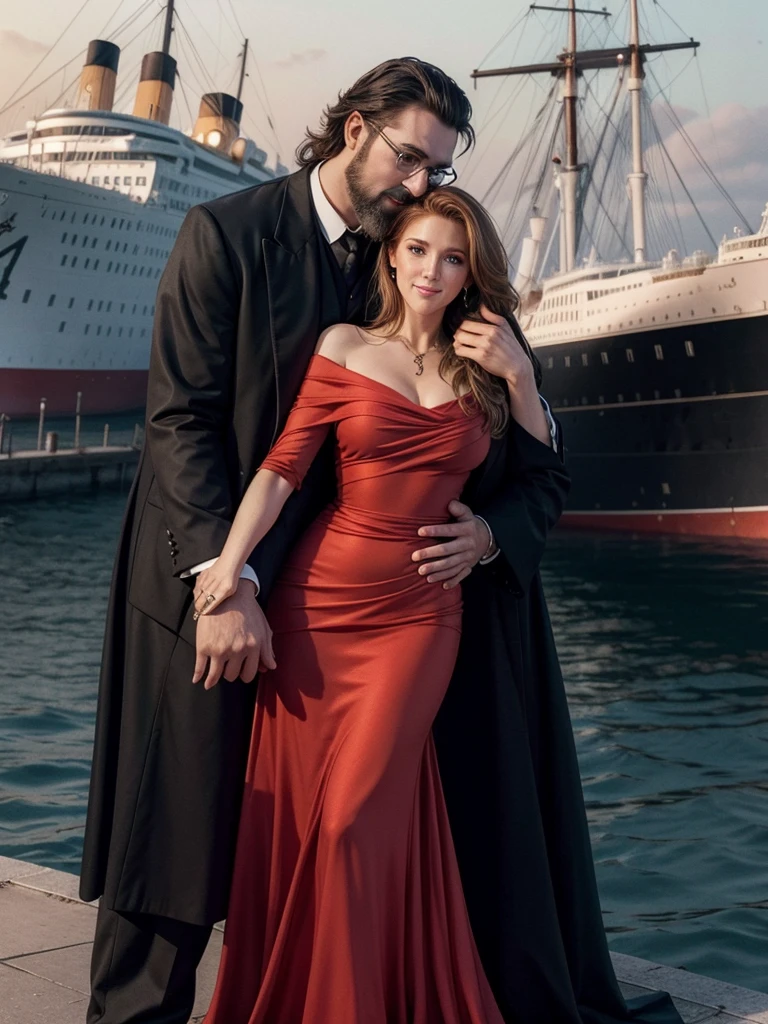 hyper realistic image of Celine Dion(younger in 1997) standing, with the Titanic ship passing behind her, she is posing smiling for the camera, wearing a red dress of the time, she is together with a black man, dark skinned, fat, bald , wears a black beard, big head, wears square prescription glasses that he is hugging her from behind, holding her waist and dressed like Jack, seen from the front, full body, in the year 1912, photograph with an old period look