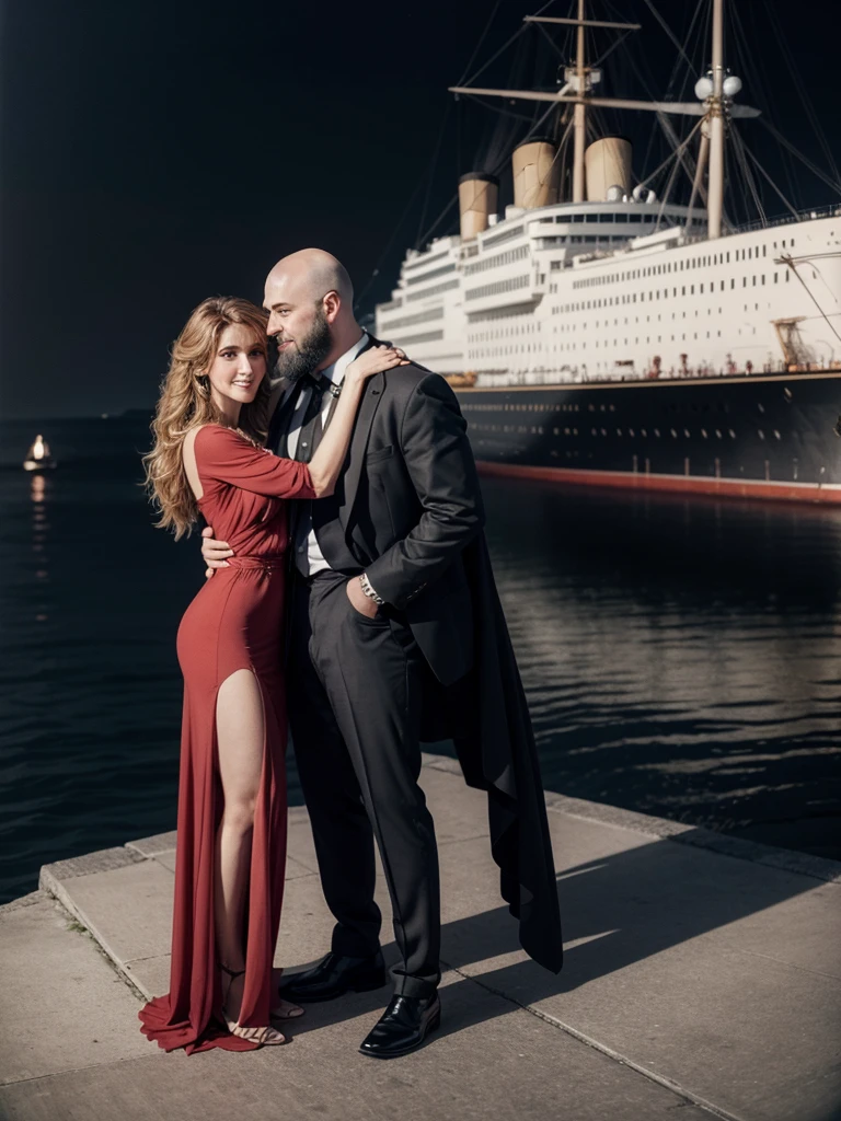 hyper realistic image of Celine Dion(younger in 1997) standing, with the Titanic ship passing behind her, she is posing smiling for the camera, wearing a red dress of the time, she is together with a black man, dark skinned, fat, bald , wears a black beard, big head, wears square prescription glasses that he is hugging her from behind, holding her waist and dressed like Jack, seen from the front, full body, in the year 1912, photograph with an old period look