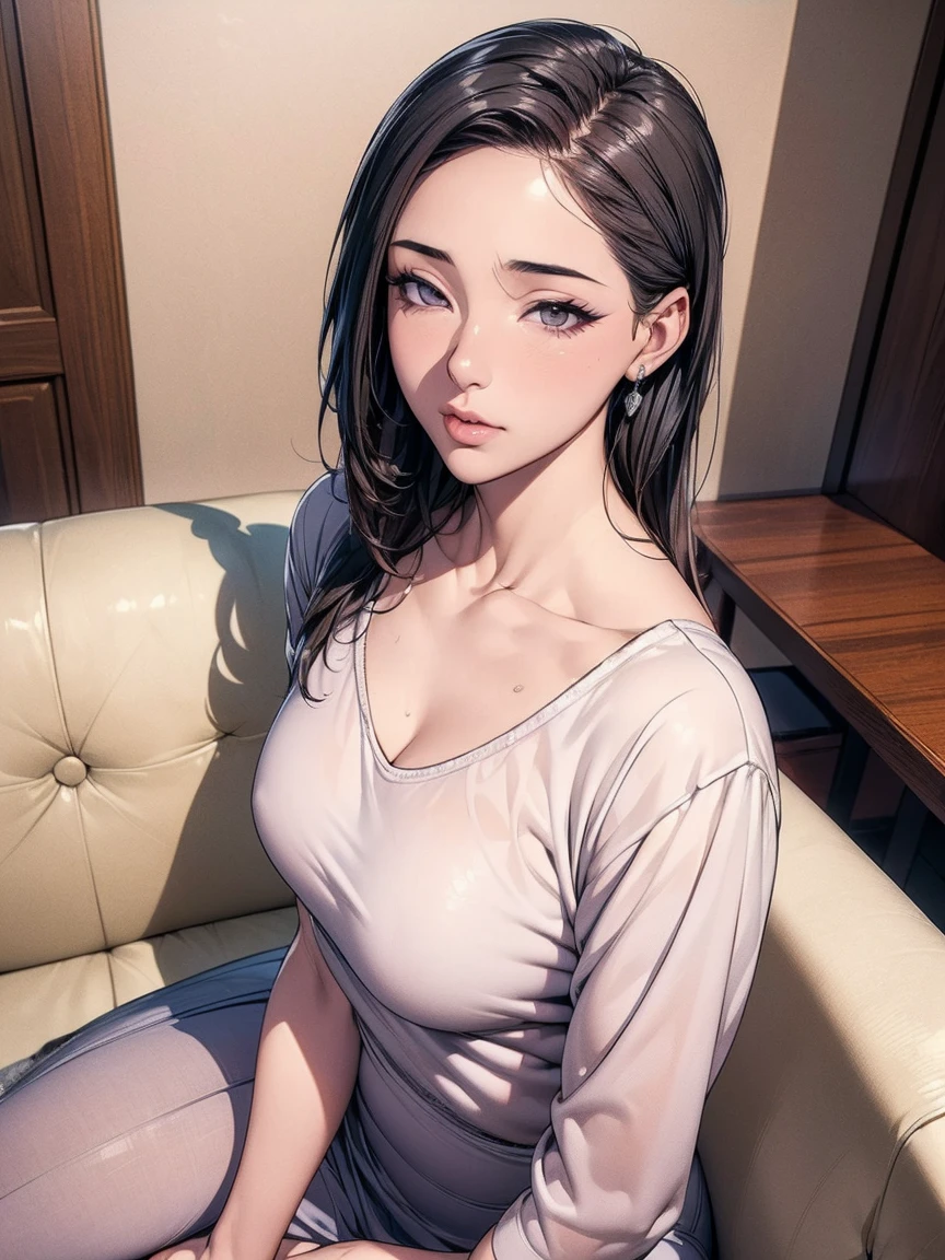 ((the most beautiful woman in the world:1.88)),(masterpiece:1.66),(FHD:1.51),(16K:1.12),(best quality:1.54),high quality,(ultra detailed:1.15),hyper detailed,insanely detailed, exquisite,beautiful,absurdres,1 woman,(house wife:1.5),(40 years old:1.3),(middle-aged:1.49),japanese woman,((the most beautiful woman in the world)),(slender:1.55),beautiful,medium skin,shiny skin,detailed skin,detailed face,beautiful breasts,small breasts,side part,straight hair,Casual, simple blouse,V-neckline,knee-length skirt, blouse in bright colors,pastel shades,Dining, sofa, sitting,from above,looking at viewer,
