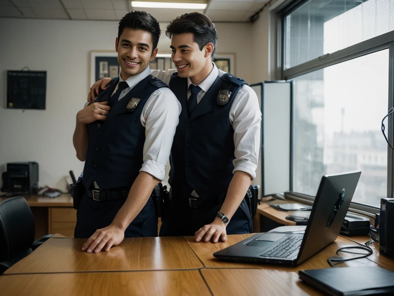 inside a police office with computer, two male smiling and holding each other shoulder standing, there is a gun on the table.