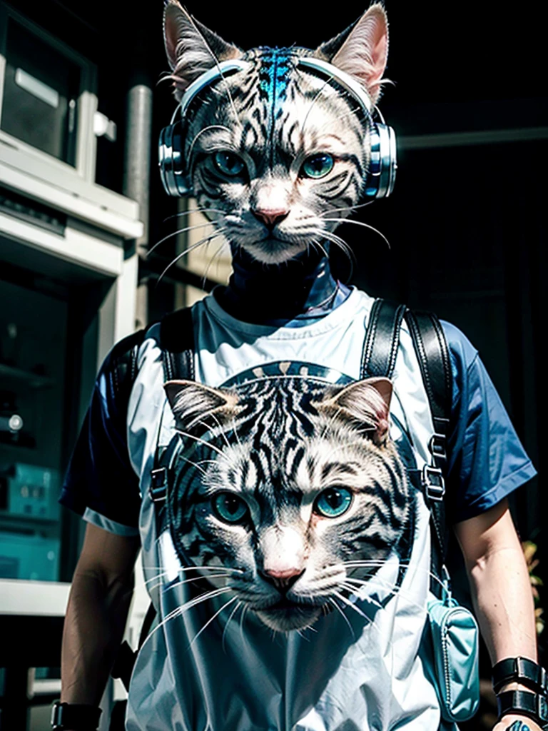 creature with a cybernetic body, its appearance resembles that of a cat, his bluish hairs stand out from his metallic skin, is wearing a white backpack, His presence is ominous