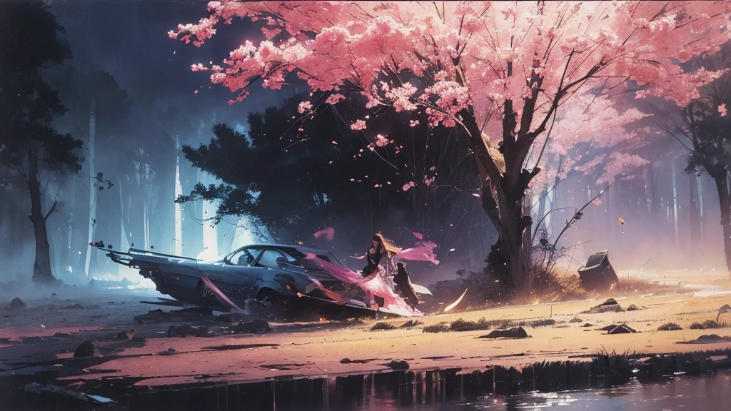 32k, Masterpiece, Highest quality, One girl, Brown Hair, Detailed eyes, flower,Freesia, Pink and navy style,A dreamy, romantic piece,Pale yellow, Mysterious Leaves,A playful arrangement,Fantasy,High Contrast,Ink strokes,explosion,Exposure, Impression of pink and navy tones,Abstract,((Watercolours by John Berkey and Jeremy Mann )) Brush strokes,Negative Space, Tyndall effect,