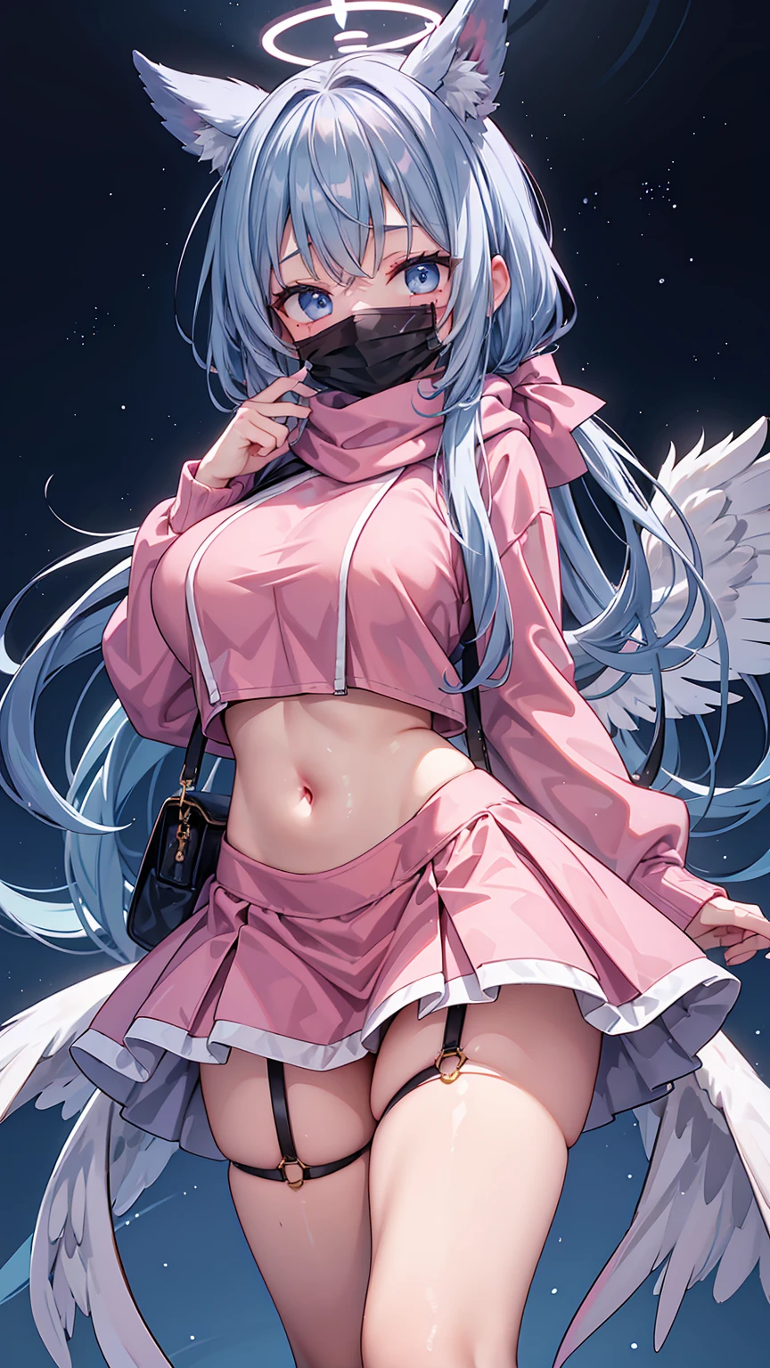 Very detailed、Highest quality、Best image quality、masterpiece、8K、(A kind smile)、(Blue Hair)、(SFW Giant:1.5) 、(Big Breasts)、shutumon,blue hair,blue eyes,shy,scarf,big head wings,(mouth mask),facial mark,midriff,leash,pink paw footwear,(pink sweatshirt),(garter straps),big brown feathered wings,scarf,pink thighhighs,(Cowboy Shot),hand of Guido Daniele