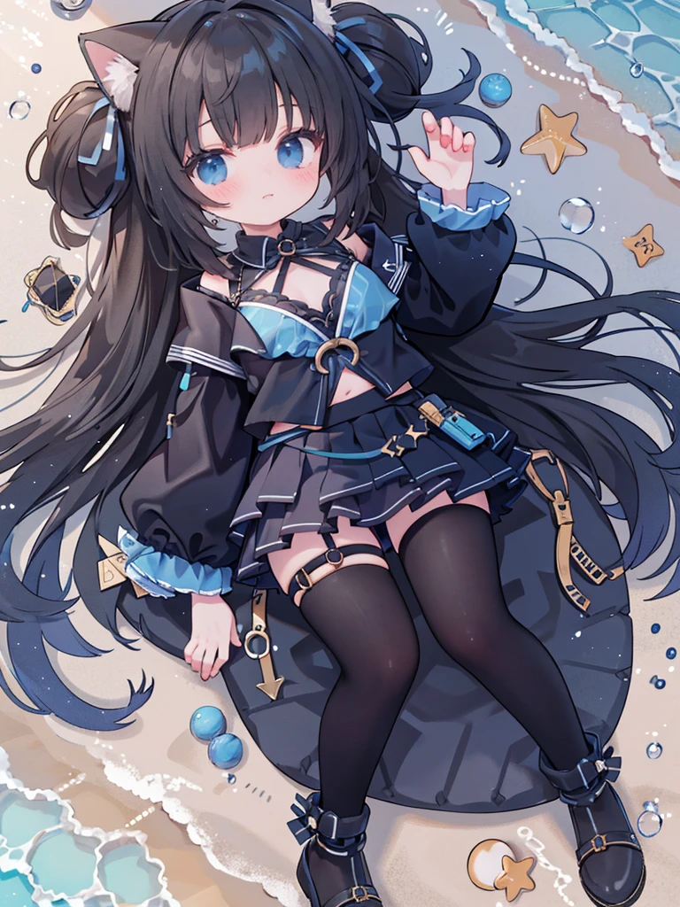a girl,mini skirt,strappy heels，On the beach，Full body portrait,Hair，Has cat ears,Vision,Full body portrait,high quality,8k wallpaper，she blushes，Open your mouth