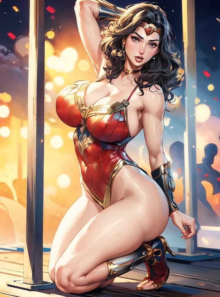 Gal Gadot as Wonder Woman, Giant octopus tentacles,entangle, huge breasts, Huge ass, plump body, Chained