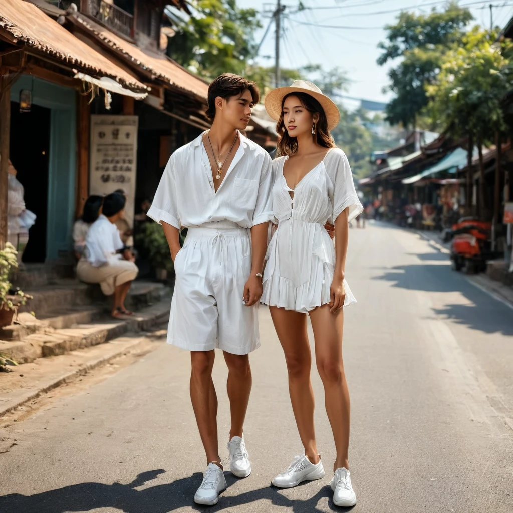 candid of young man and woman, both aged 20 year old, ((showcase fashion look book in a White rayon outfits)), inspired by JACQUARD 's resort collection in elegant bohemian style. The man wears an oversized short-sleeved bowling white shirt with a pocket details, paired with relaxed-fit white Sports Wide Leg Shorts Baggy short and Drawstring, He completes his look with white sneakers, sunglasses and bracelet. The woman complements him in Ankle-length pleated dress in white rayon fabric, sleeveless, featuring a V-neckline with an elasticated waist and spaghetti shoulder straps, with delicate lace insets, Gathered tiers down the skirt and a ruffle hem, Her ensemble includes an accessorizes with a wide-brimmed straw hat, white sneakers and necklace. Captured in a low angle, ((full-body image)) ,Photographed with a a Canon EOS R6 with Sigma AF 85mm F1.4 EX DG HSM, utilizing natural light, the image employs shadows to enhance features and add depth to the composition. The careful layering and arrangement of body parts and surrounding objects ensure a flawless composition. This masterpiece celebrates the beauty of the models and invites viewers to immerse themselves in a world of sophistication and charm. The seductive lighting and intricate details, combined with a dramatic composition, capture the essence of a fun-filled day brimming with joy and relaxation. Attention is meticulously paid to the layers and arrangement of body parts and surrounding objects, ensuring correct body structure and photo distance. The romantic atmosphere, paired with a lively Chiang Mai Old city street setting, extremely gorgeous  background, completes this captivating scene.