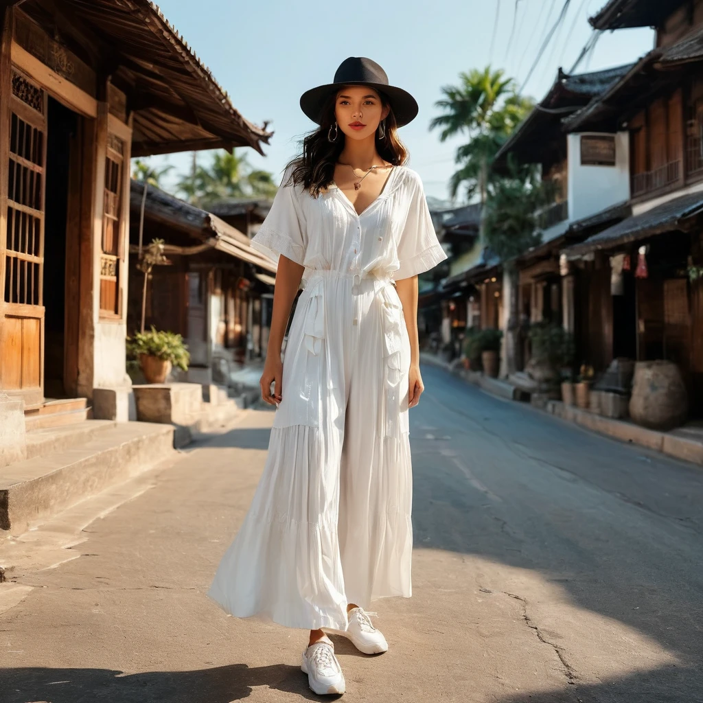 candid of young man and woman, both aged 20 year old, ((showcase fashion look book in a White rayon outfits)), inspired by JACQUARD 's resort collection in elegant bohemian style. The man wears an oversized short-sleeved bowling white shirt with a pocket details, paired with relaxed-fit white Sports Wide Leg Shorts Baggy short and Drawstring, He completes his look with white sneakers, sunglasses and bracelet. The woman complements him in Ankle-length pleated dress in white rayon fabric, sleeveless, featuring a V-neckline with an elasticated waist and spaghetti shoulder straps, with delicate lace insets, Gathered tiers down the skirt and a ruffle hem, Her ensemble includes an accessorizes with a wide-brimmed straw hat, white sneakers and necklace. Captured in a low angle, ((full-body image)) ,Photographed with a a Canon EOS R6 with Sigma AF 85mm F1.4 EX DG HSM, utilizing natural light, the image employs shadows to enhance features and add depth to the composition. The careful layering and arrangement of body parts and surrounding objects ensure a flawless composition. This masterpiece celebrates the beauty of the models and invites viewers to immerse themselves in a world of sophistication and charm. The seductive lighting and intricate details, combined with a dramatic composition, capture the essence of a fun-filled day brimming with joy and relaxation. Attention is meticulously paid to the layers and arrangement of body parts and surrounding objects, ensuring correct body structure and photo distance. The romantic atmosphere, paired with a lively Chiang Mai Old city street setting, extremely gorgeous  background, completes this captivating scene.
