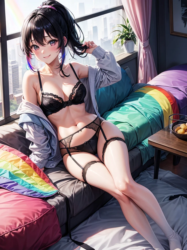 Highest quality,Highest Resolution,４K quality,Underwear looking at city night view outside large window in modern bedroom((Rainbow Gradient色))のsmileの女性の横顔,((Black hair ponytail)),Dark room,Rainbow Gradientセクシーランジェリー,Many water drops on the window,garter belt,High leg,((Iridescent underwear)),Knee-high stockings,smile,Landscape,Colorful eyeballs,Small bra{((Underwear color))Rainbow Gradient,