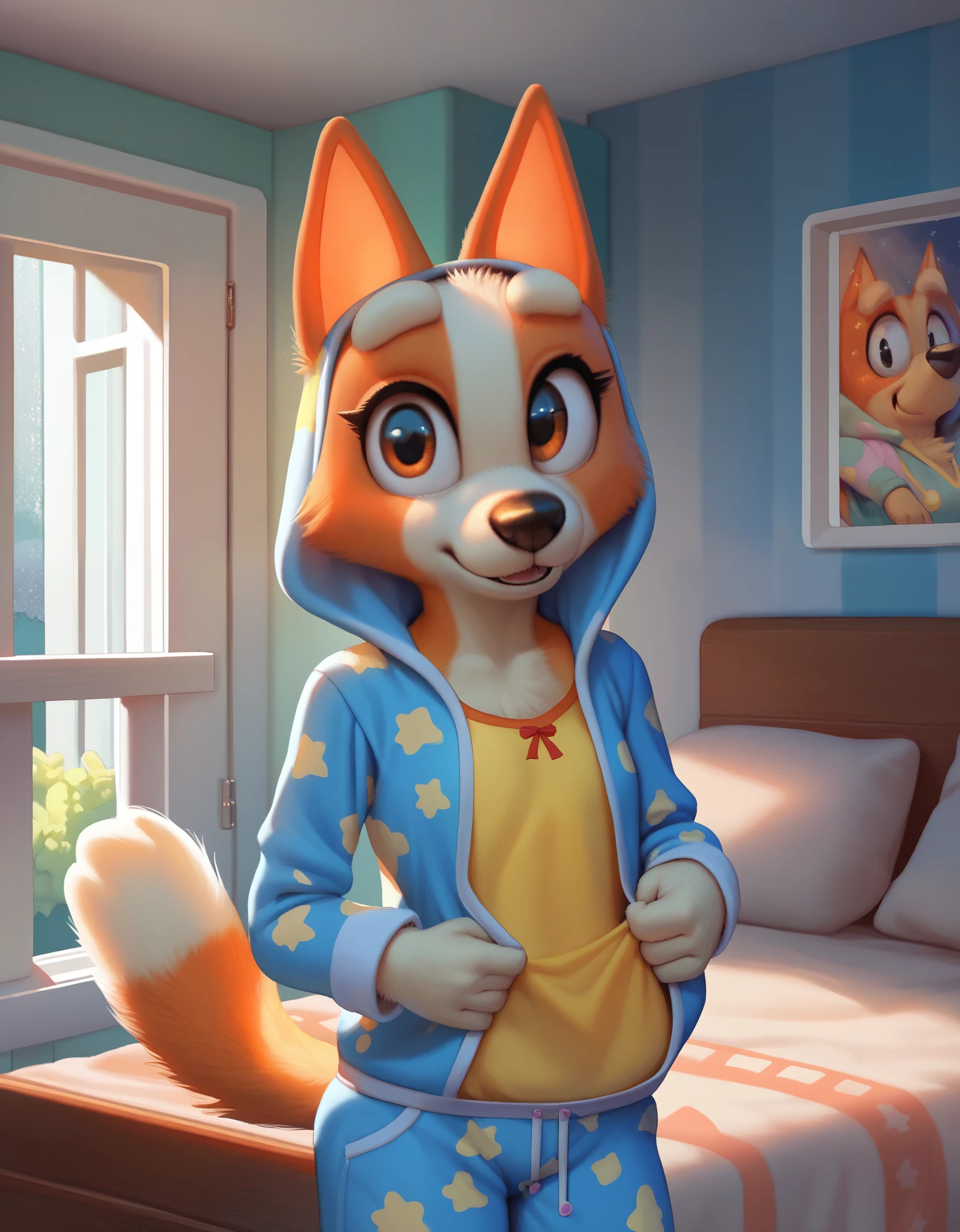 score_9, score_8_up, score_8, 1girl, 18 years old, source_cartoon, source_furry, blueyxl, bingo heeler, (boxchibi:0.8), cowboy shot, anthro, furry, tail, orange body, animal ears, flat shaded background, indoors, curvy, , detailed fur texture, pajamas, flat chest, onesie, slim, looking at viewer, at night, dark atmosphere