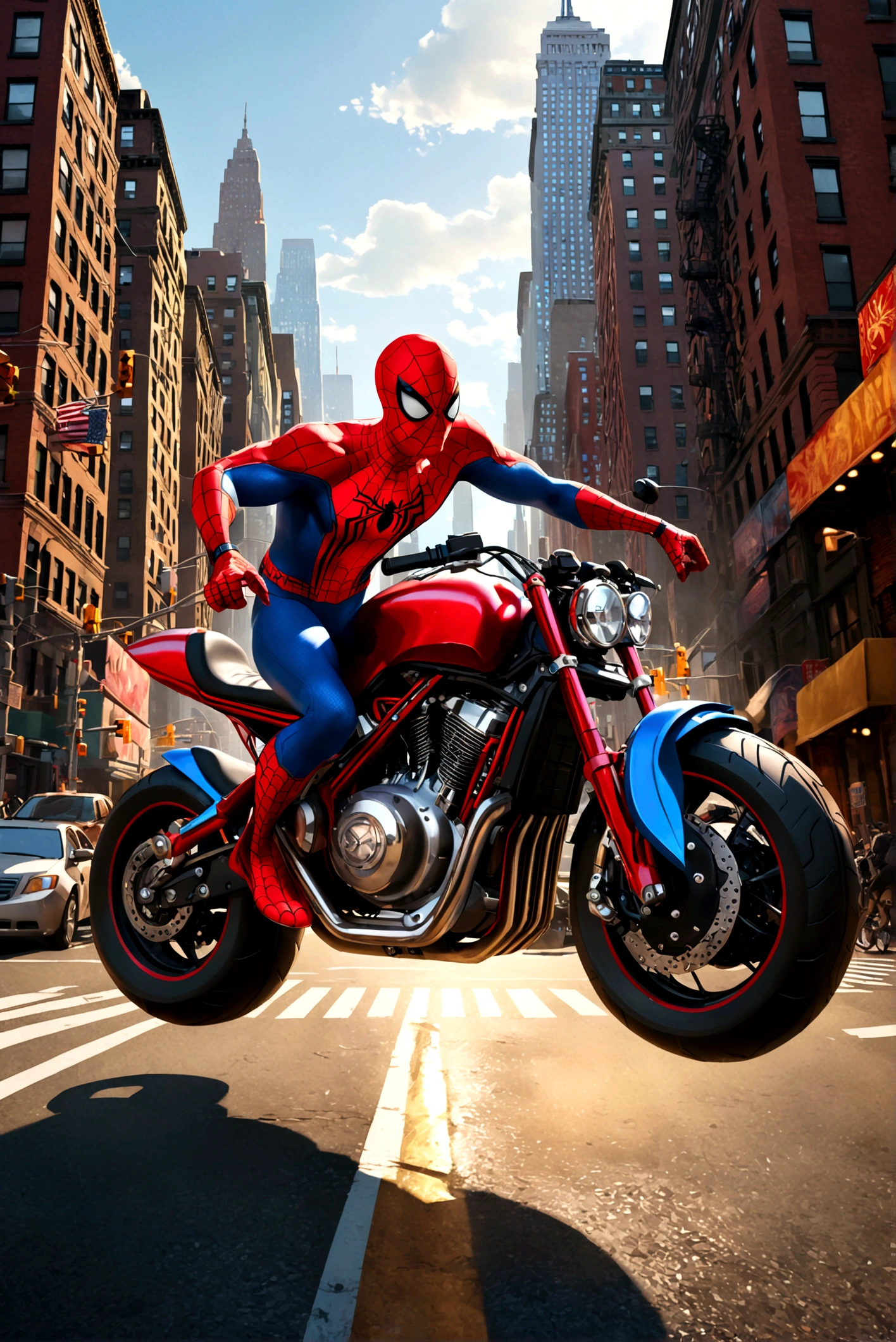 a detailed photo of spider-man riding a spider-man themed motorcycle on the streets of new york city, dynamic action pose, dramatic lighting, cinematic angle, highly detailed, intricate mechanical details, realistic rendering, digital art, concept art