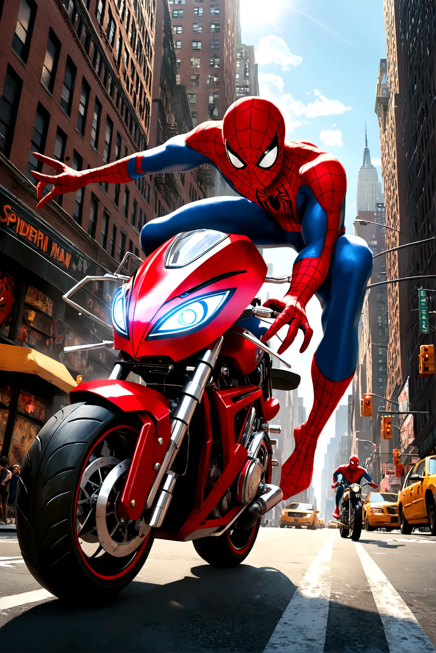 a detailed photo of spider-man riding a spider-man themed motorcycle on the streets of new york city, dynamic action pose, dramatic lighting, cinematic angle, highly detailed, intricate mechanical details, realistic rendering, digital art, concept art