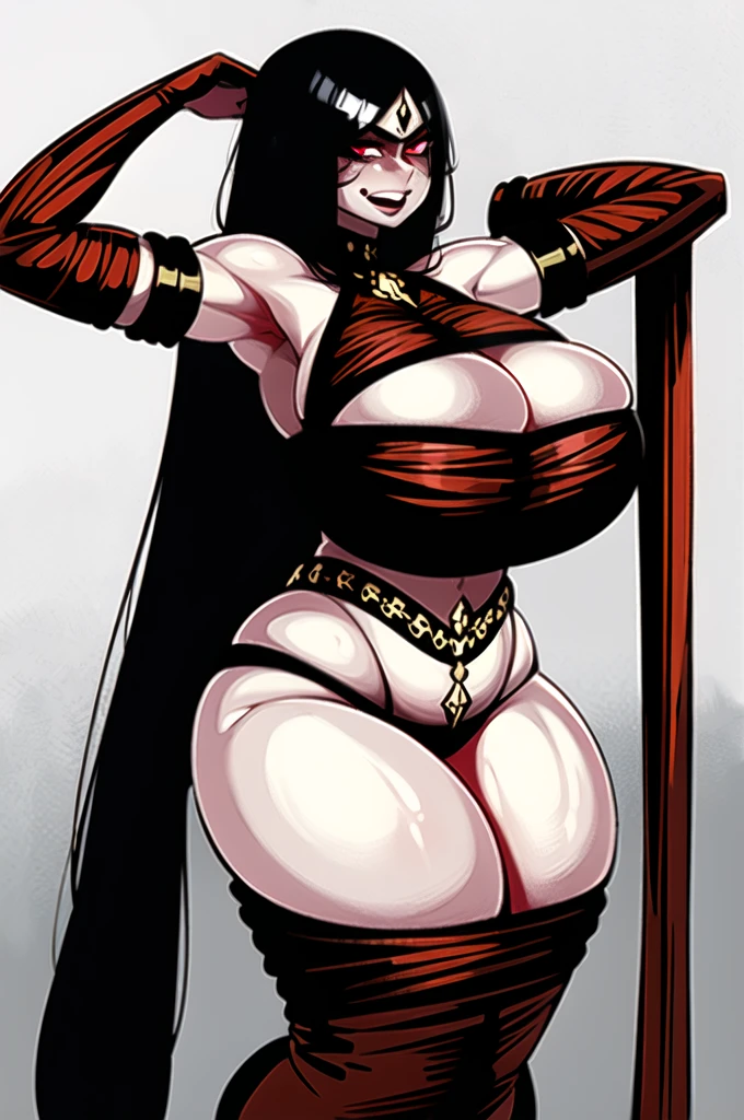 ((masterpiece)), ((hyper detailed)), raw and captivating, a beautiful woman with intricate details, (extra long, flowing dark hair), ((((huge breasts)))), ((wide hips)), extremely detailed eyes and face, long eyelashes, beautiful detailed lips, ((sinister grin)), (8k high definition). (((Dressed in an ornate dark red arabian belly dancer outfit))), ((bright red eyes)), (((massive breasts)))