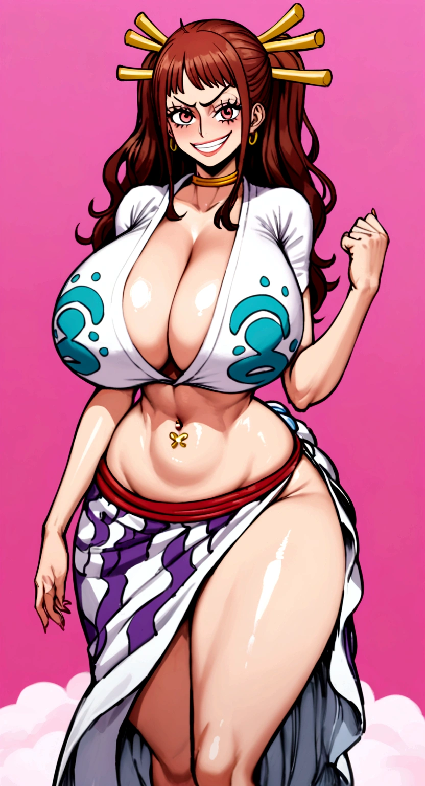 big lips, Brown hair, pink eyes, japanese face, improve, improve grin, two sides up, huge breasts, Wide hips, sexy, detailed, pink room, Hits, (evil smile1.4), kawaii, yamato skirt (One piece), One piece, GOOD, yamato costume (One piece), yamato skirt (One piece), yamato shirt (One piece), choker, yamato skirt (One piece), yamato shirt (One piece),navel piercing, Yamato Cosplay (One piece)