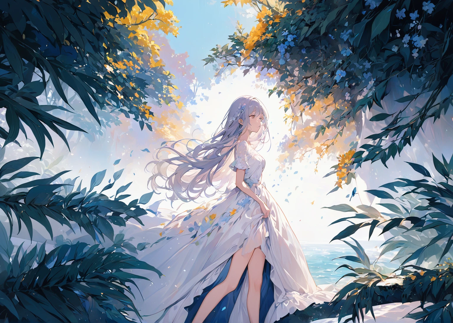The image depicts a girl with long blonde hair wearing an elegant pastel-colored dress. Her hair flutters in the wind, creating a sense of movement and lightness. The surrounding atmosphere is filled with delicate flowers and leaves that seem to float around, creating a dreamy and dreamy setting. The background consists of soft light shades with elements of greenery and flowers, which adds harmony and tranquility to the image. The whole composition conveys a sense of peace and beauty of nature.