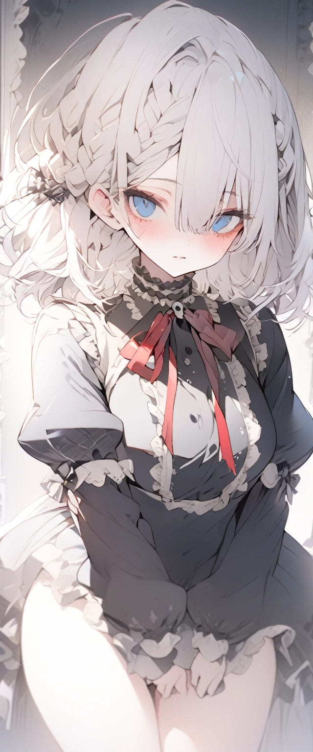 beautiful, masterpiece, Highest quality, anime, One girl, C Cup,Portrait Shot, View your viewers, Covered、Medium Hair、nearby、Blue Eyes、art、、White hair,Blue streaked hair, dead eyes、Dark atmosphere、Thighs、Braid、Gothic Lolita Coordination