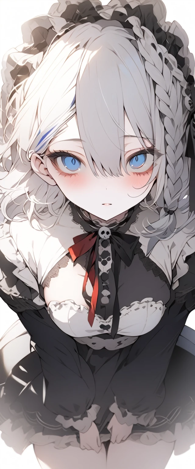 beautiful, masterpiece, Highest quality, anime, One girl, C Cup,Portrait Shot, View your viewers, Covered、Medium Hair、nearby、Blue Eyes、art、、White hair,Blue streaked hair, dead eyes、Dark atmosphere、Thighs、Braid、Gothic ta Coordination