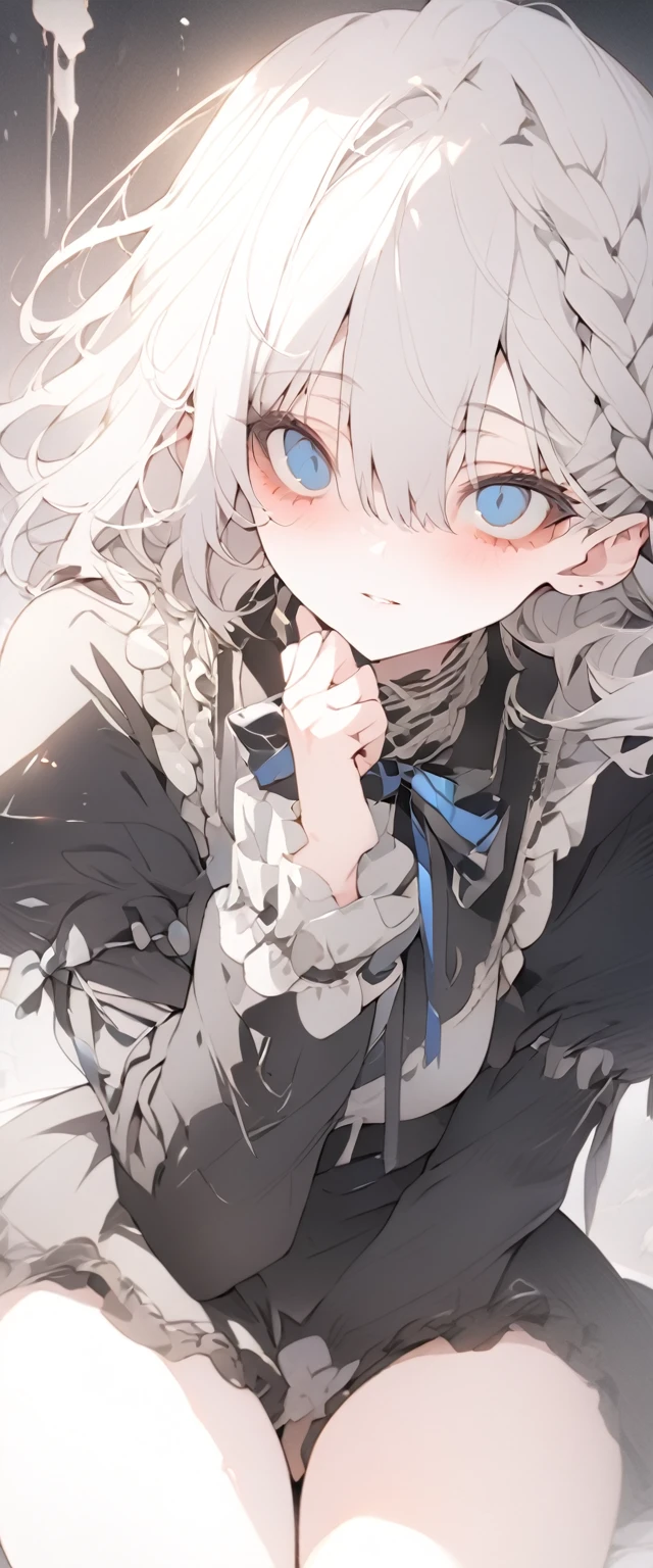 beautiful, masterpiece, Highest quality, anime, One girl, C Cup,Portrait Shot, View your viewers, Covered、Medium Hair、nearby、Blue Eyes、art、、White hair,Blue streaked hair, dead eyes、Dark atmosphere、Thighs、Braid、Gothic Lolita Coordination