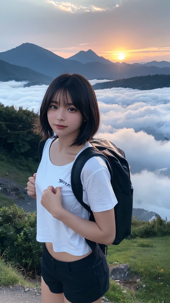 Highest quality, masterpiece, Ultra-high resolution, (Realistic:1.3), RAW Photos, (Nature landscape photography), (Majestic mountain peaks, sea of clouds), (On a very wide mountain), (sunset), (One girl), (Upper Body), (20-year-old), (smile:0.9), (Shiny skin), (short hair, Dark brown hair), (White T-shirt), (Casual shorts), (Carry a large backpack on your back), (Ultra detailed face), (Super beautiful poop), (Highly detailed eyes), (Highly detailed nose), (Highly detailed mouth), (Very skilled hands), (Super-detailed body), Sony a7, 85mm lens, f9.0, Pan Focus