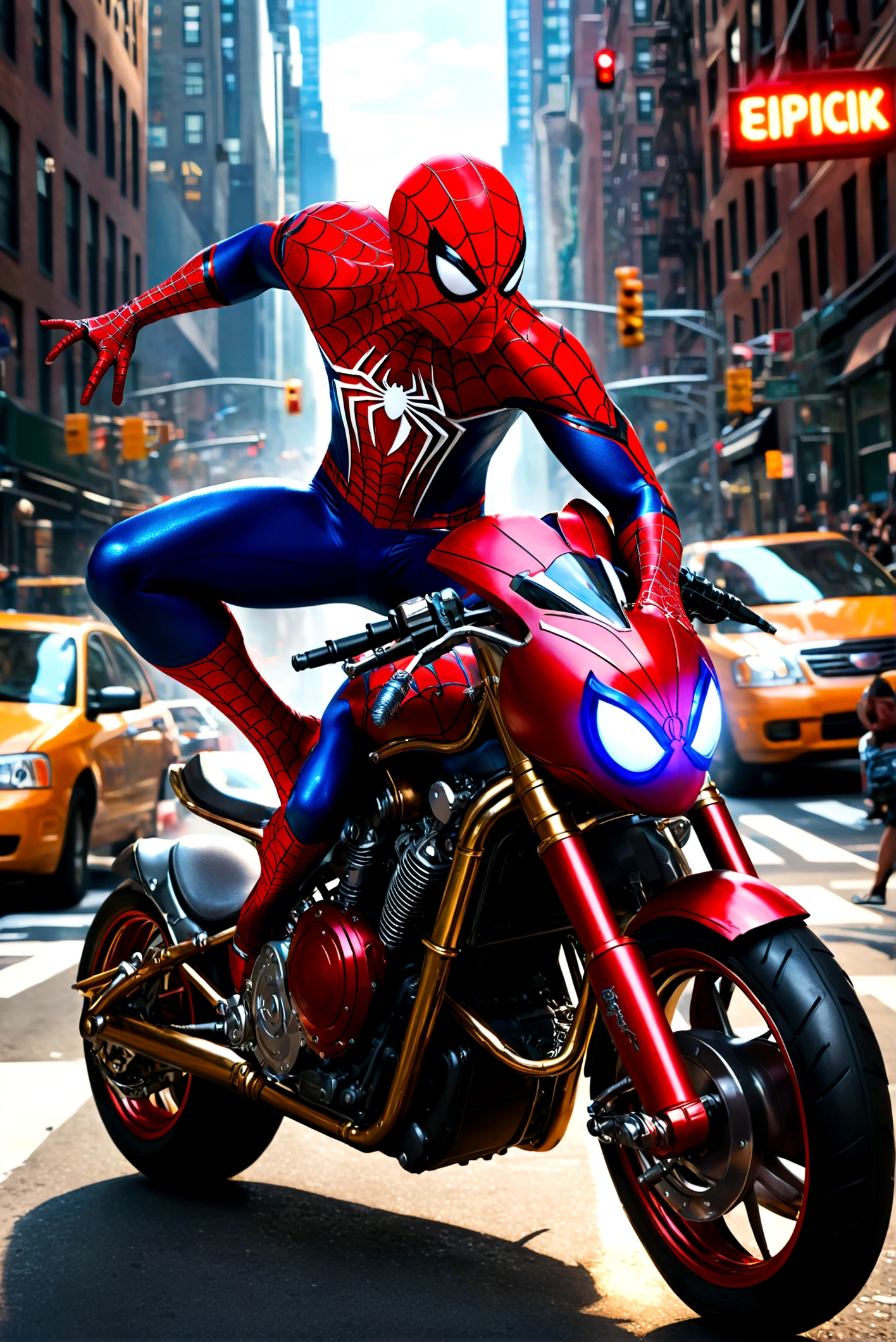 a detailed photo of spider-man riding a spider-man themed motorcycle on the streets of new york city, dynamic action pose, dramatic lighting, cinematic angle, highly detailed, intricate mechanical details, realistic rendering, digital art, concept art
