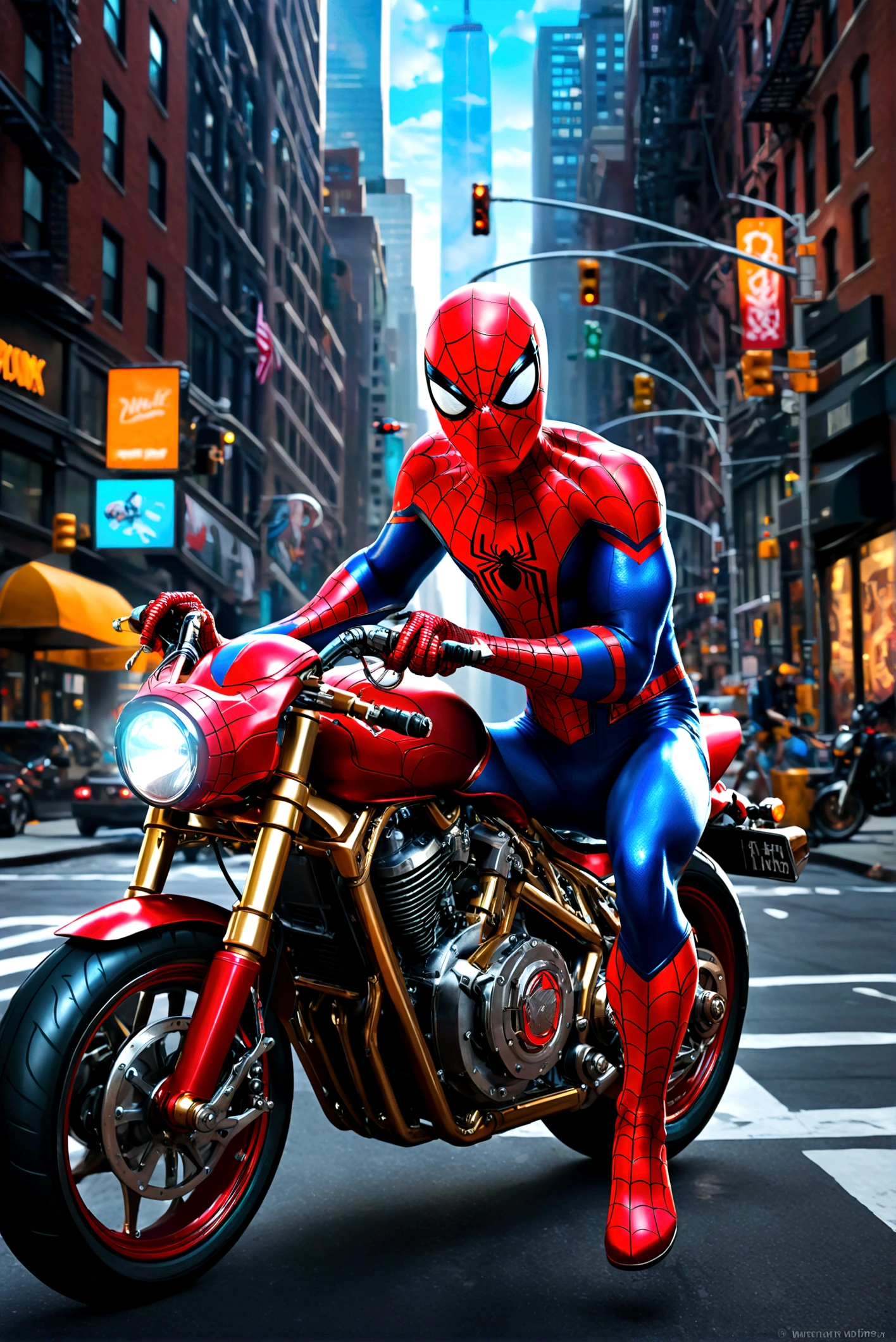a detailed photo of spider-man riding a spider-man themed motorcycle on the streets of new york city, dynamic action pose, dramatic lighting, cinematic angle, highly detailed, intricate mechanical details, realistic rendering, digital art, concept art
