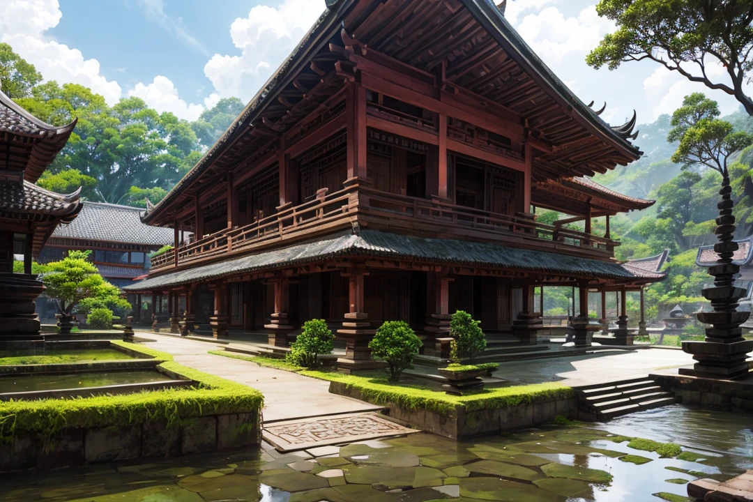 Balinese traditional village that made out of carved stone & Brick, consists of red Brick and gray carved vulcanic rock, With a bit of Moss on it and traditional balinese roof that made of dark brown hay, Surrounded by bayan tree Forrest. Anime style, cinematic lightning (enhanced details)