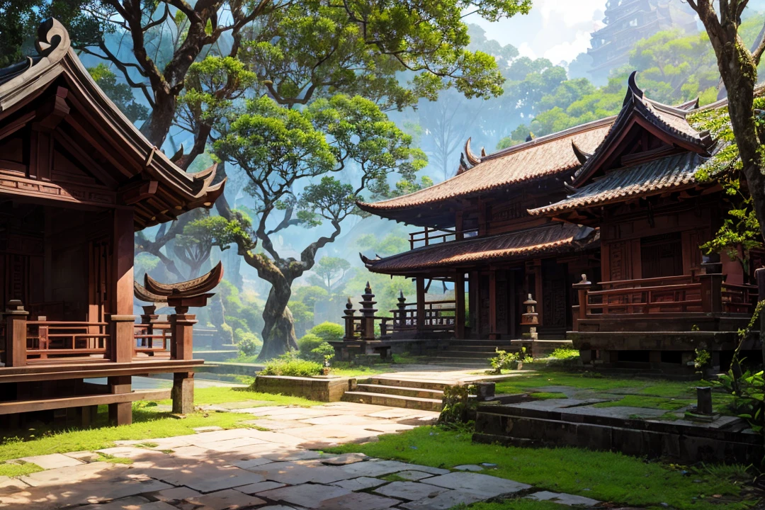 Balinese traditional village that made out of carved stone & Brick, consists of red Brick and gray carved vulcanic rock, With a bit of Moss on it and traditional balinese roof that made of dark brown hay, Surrounded by bayan tree Forrest. Anime style, cinematic lightning (enhanced details)