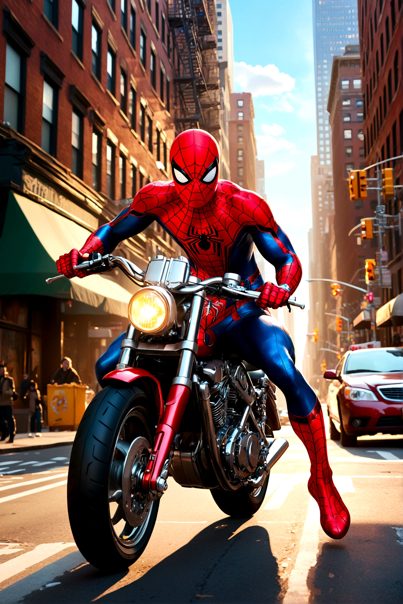 a detailed photo of spider-man riding a spider-man themed motorcycle on the streets of new york city, dynamic action pose, dramatic lighting, cinematic angle, highly detailed, intricate mechanical details, realistic rendering, digital art, concept art
