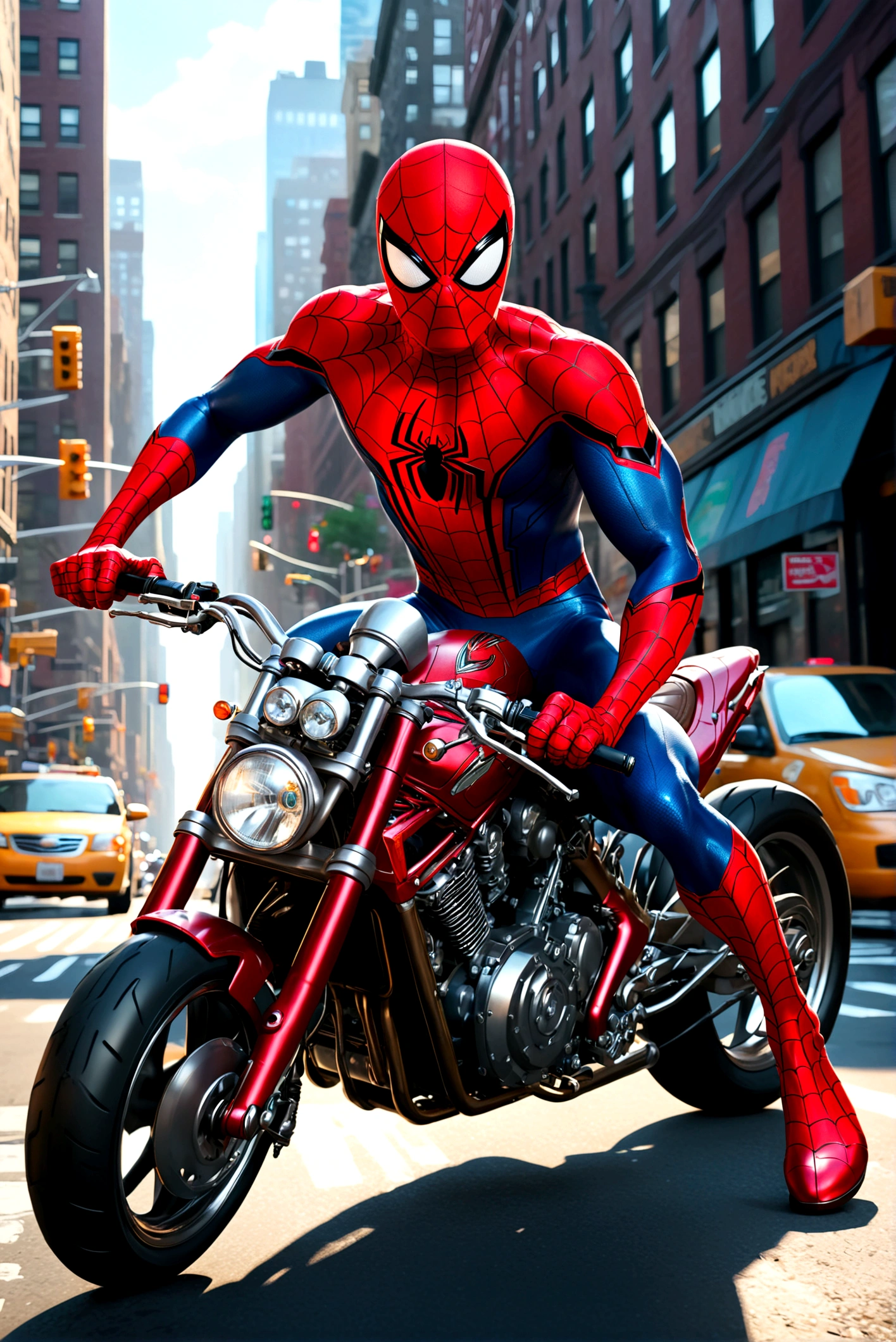 a detailed photo of spider-man riding a spider-man themed motorcycle on the streets of new york city, dynamic action pose, dramatic lighting, cinematic angle, highly detailed, intricate mechanical details, realistic rendering, digital art, concept art
