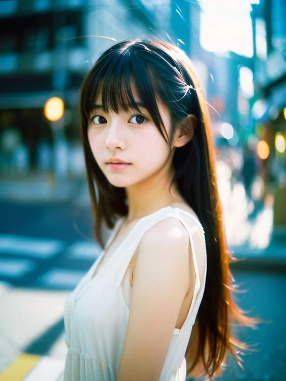 Japanese beautiful girl, Embarrassed look, figure, (Highest quality, Super detailed), front、Gentle lighting, Flowing Hair,one piece、 Delicate features, Dreamy atmosphere、Analog Film Photography、20-year-old、80'、Cyberpunk-style lo-fi animation、