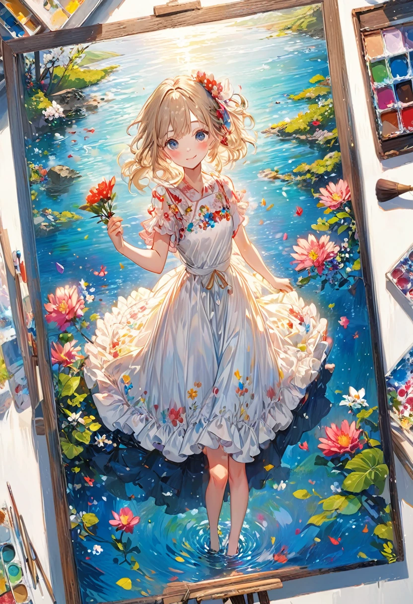 painting of a smiling girl in a dress holding a flower in her hand, beautiful anime artwork, beautiful anime art, splash art anime loli, detailed painting 4 k, anime painting, detailed anime art, detailed anime artwork, beautiful anime art style, anime art wallpaper 4 k, anime art wallpaper 4k, beautiful character painting, loli in dress, clean detailed anime art