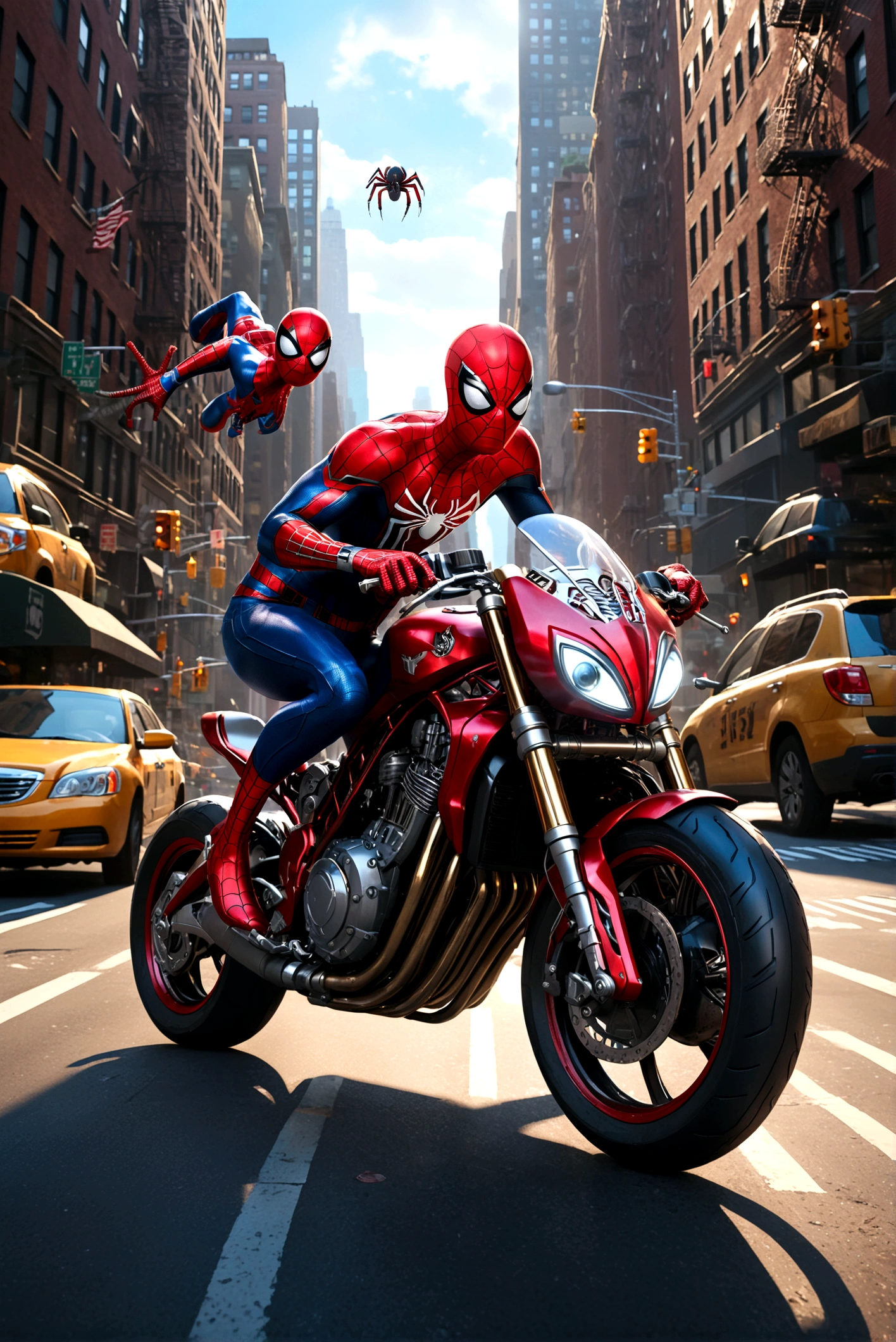 a detailed photo of spider-man riding a spider-man themed motorcycle on the streets of new york city, dynamic action pose, dramatic lighting, cinematic angle, highly detailed, intricate mechanical details, realistic rendering, digital art, concept art