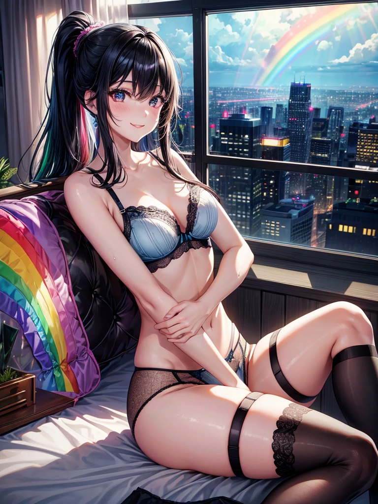 Highest quality,Highest Resolution,４K quality,Underwear looking at city night view outside large window in modern bedroom((Rainbow Gradient色))のsmileの女性の横顔,((Black hair ponytail)),Dark room,Rainbow Gradientセクシーランジェリー,Many water drops on the window,garter belt,High leg,((Iridescent underwear)),Knee-high stockings,smile,Landscape,Colorful eyeballs,Small bra{((Underwear color))Rainbow Gradient,