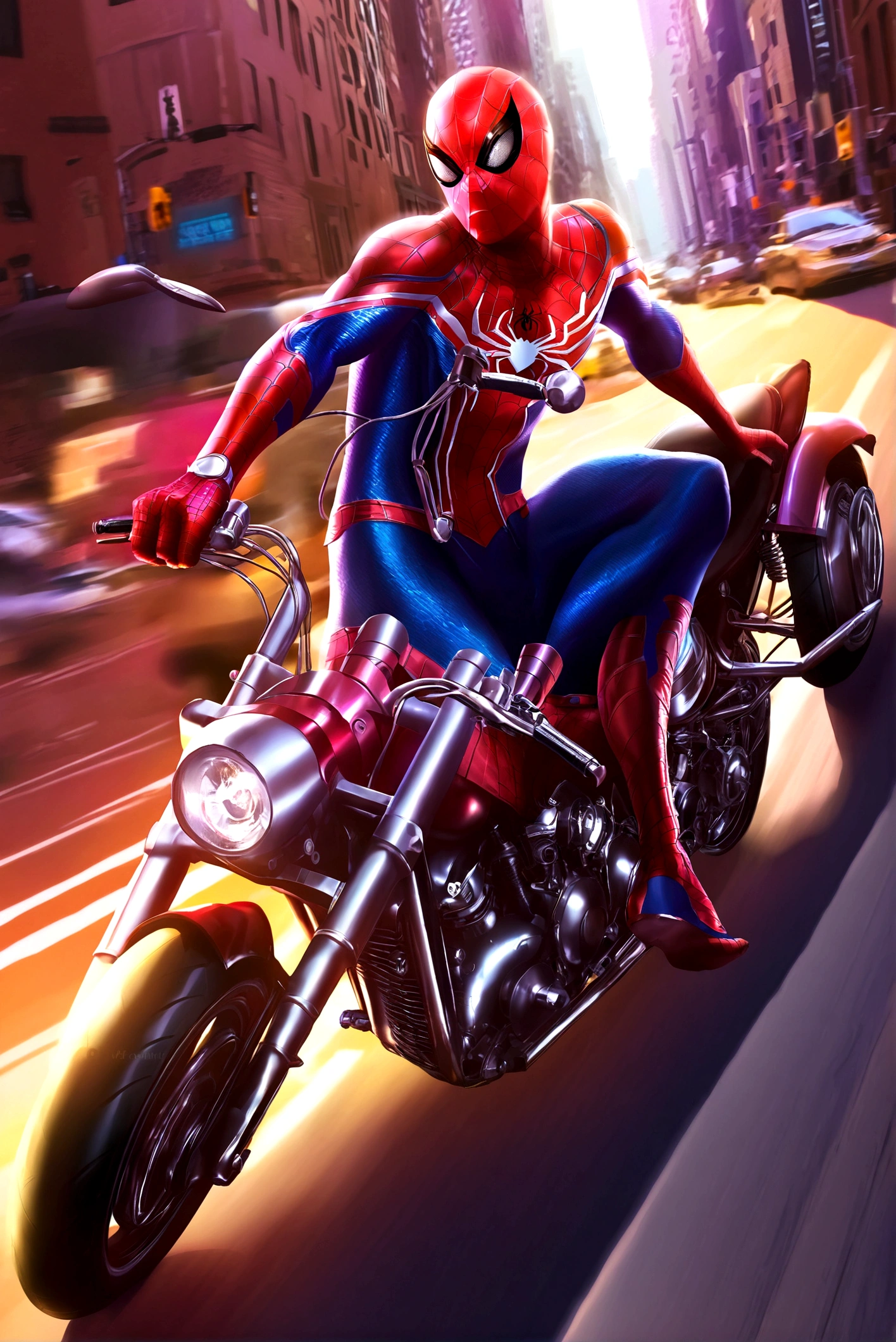 a detailed photo of spider-man riding a spider-man themed motorcycle on the streets of new york city, dynamic action pose, dramatic lighting, cinematic angle, highly detailed, intricate mechanical details, realistic rendering, digital art, concept art
