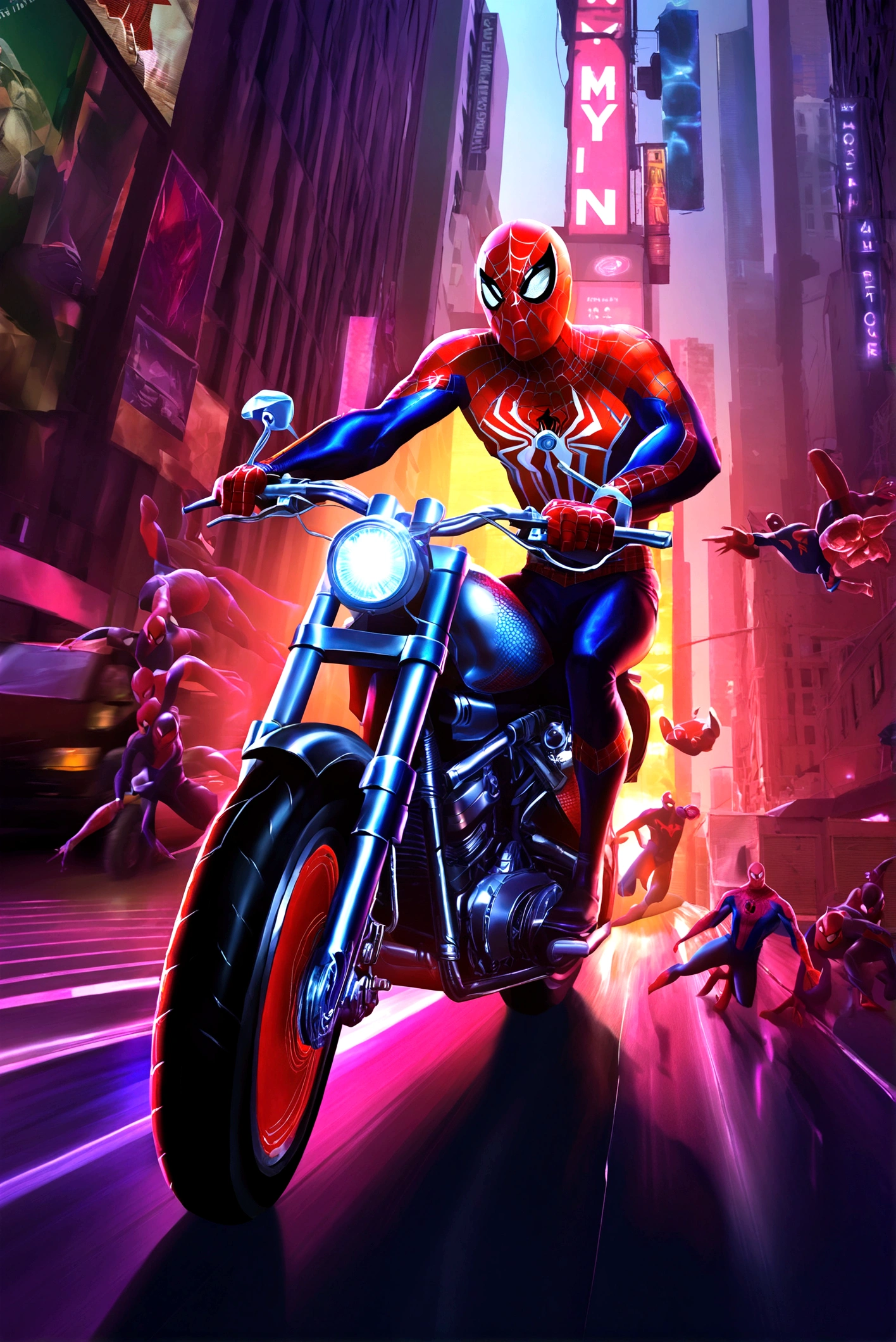 a detailed photo of spider-man riding a spider-man themed motorcycle on the streets of new york city, dynamic action pose, dramatic lighting, cinematic angle, highly detailed, intricate mechanical details, realistic rendering, digital art, concept art
